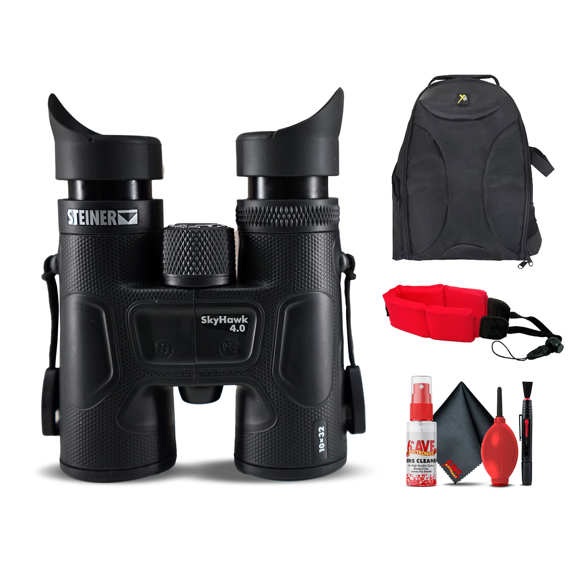 Steiner Skyhawk 4.0 10x32 Binoculars (23370900) Bundle with Padded Backpack, Floating Wrist Strap, and 6Ave Cleaning Kit