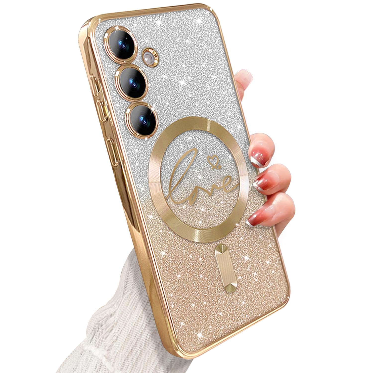 Zonrw For Samsung Galaxy S24 Case Magnetic,For Women Girl Soft Cute Luxury Love Heart Plating Bling Glitter Gradient Clear Phone