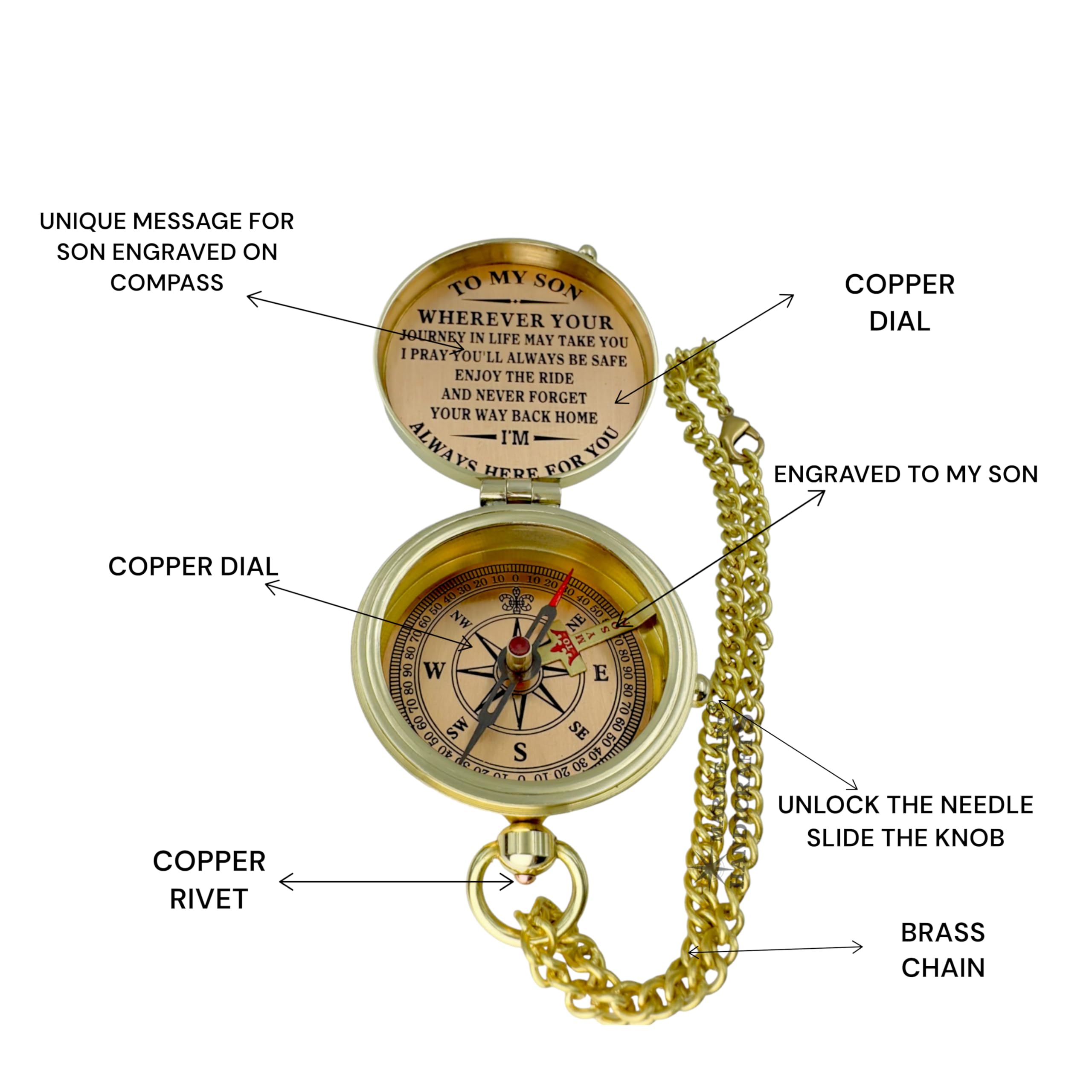 To My Son - Never Forget That I Love You, Brass Compass, Gift For Son From Mom And Dad, Graduation, Baptism, Confirmation, Commu