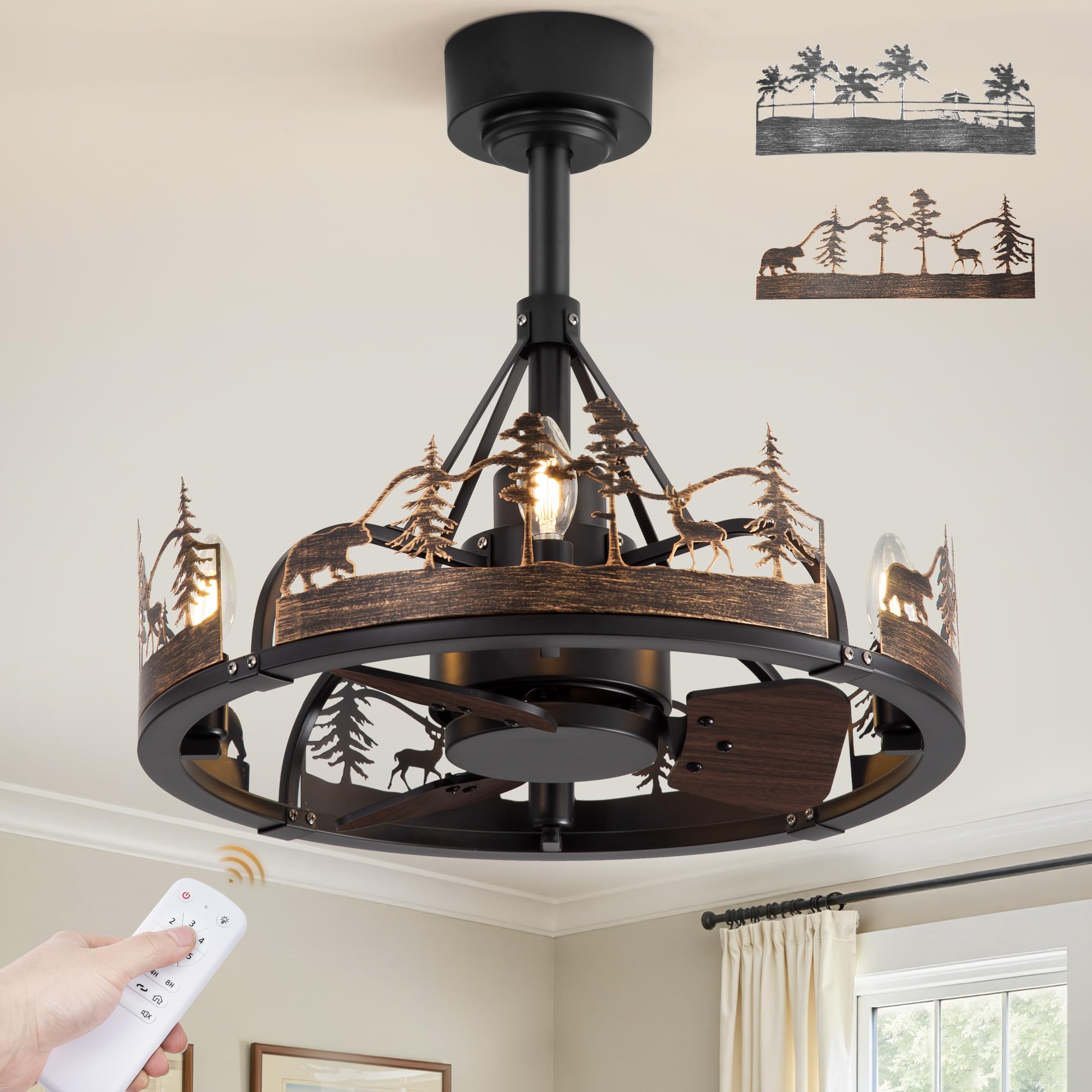 Fanbulous 20 Inch Farmhouse Rustic Ceiling Fan with Light and Remote, Black Chandelier Fan with Bear and Deer Design,Summer Sand