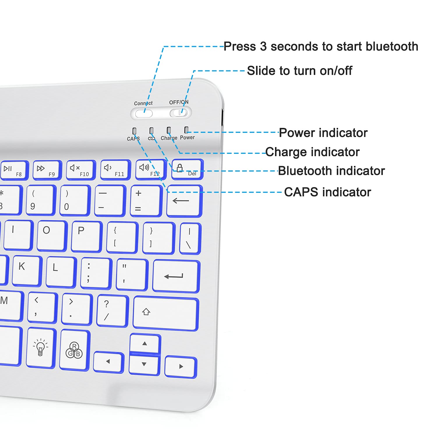 Omoton Bluetooth Keyboard, Wireless Rechargeable Keyboard For Ipad, Ipad Pro, Ipad Mini, Ipad Air With Illuminated Led (White)