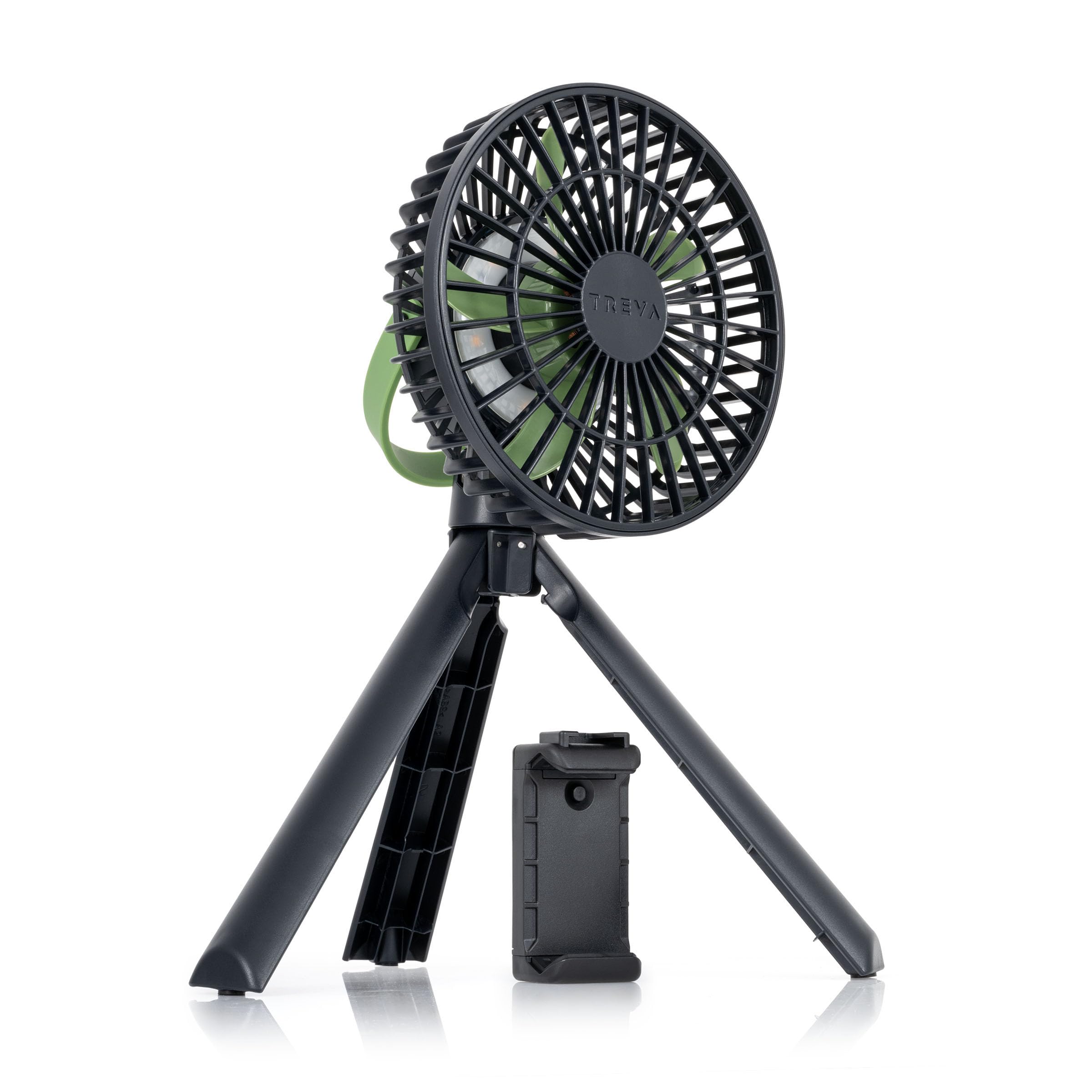 Treva 5 Inch Tripod Fan with Built-In Light and Attachable Phone Mount, Rechargeable 3-Speed Mini Fan with Handle for Travel, Ca