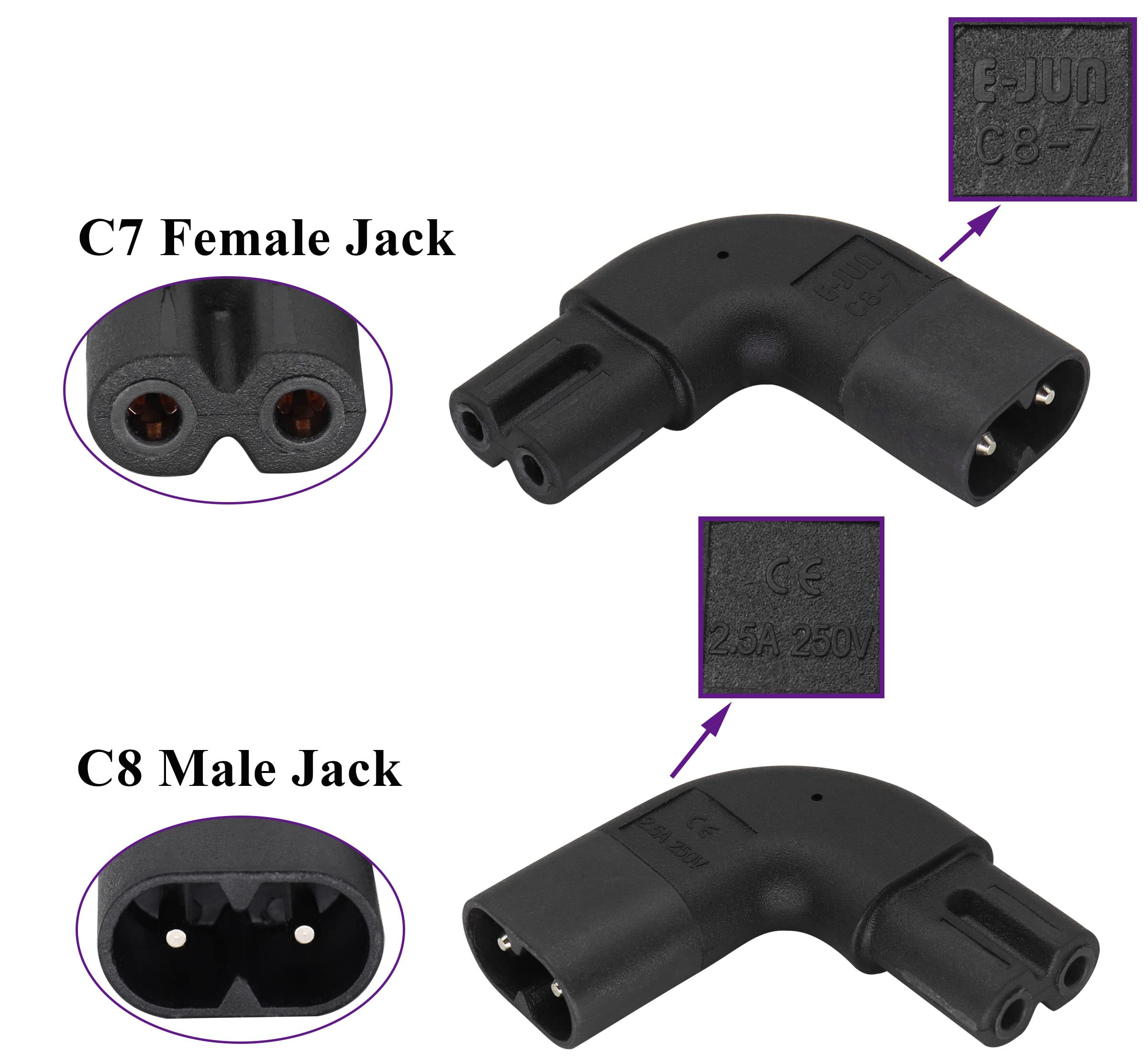 Aaotokk (2 Pack 90 Degree Iec 320 C7 To C8 Power Ac Adapter 10A 125V Left&Right Angle Figure 8 Male To Female Iec C8 To C7 Ac Po