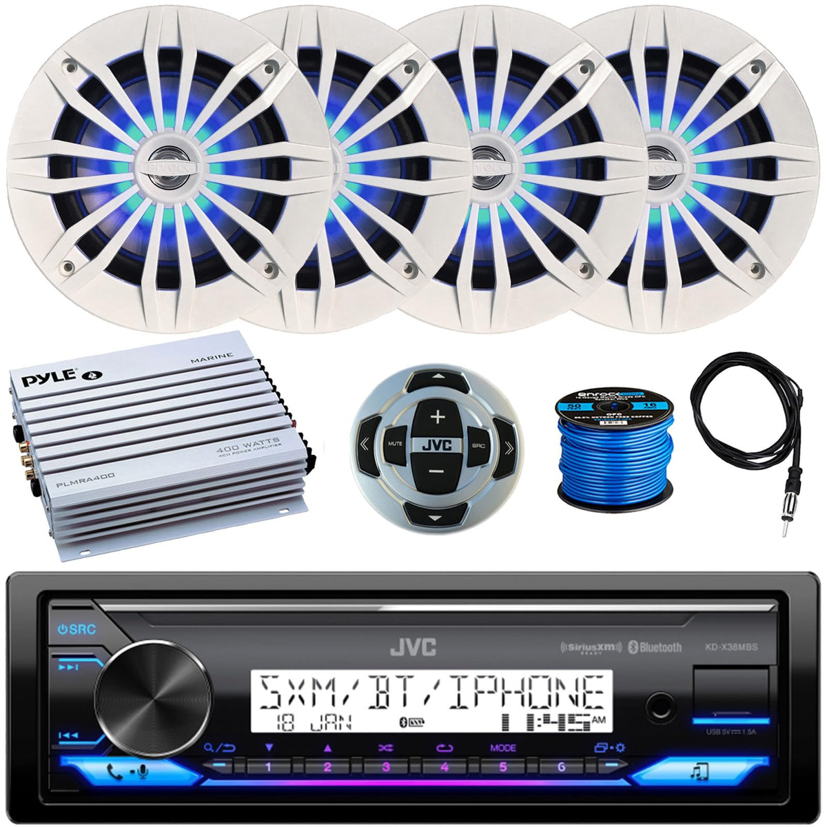 Jvc Single Din Marine Bluetooth Usb/Aux Stereo Digital Media Receiver With Wired Remote, 4X Enrock 6.5'' 180 Watt White Boat Spe
