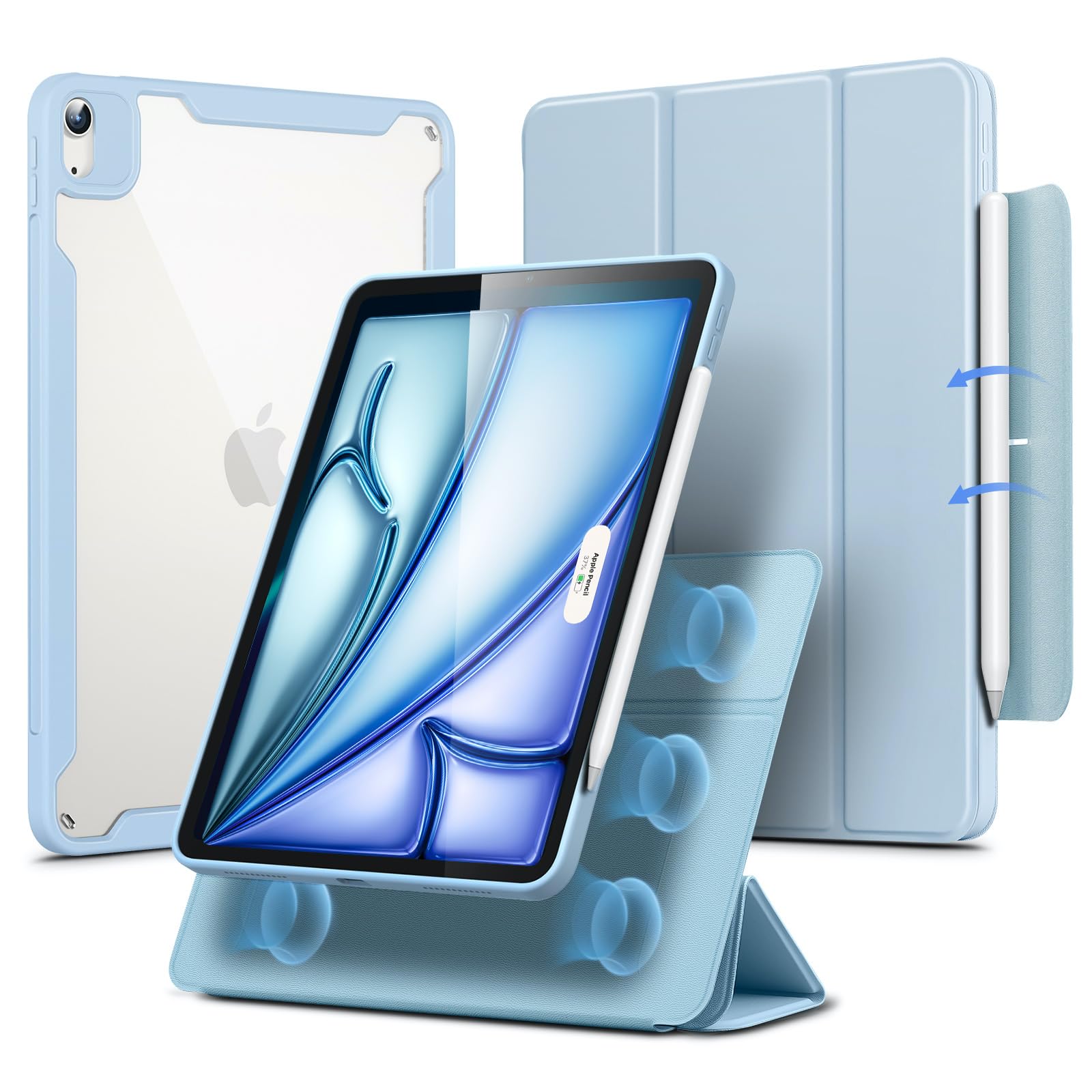 Esr For Ipad Air 11 Inch Case 2025 M3/M2, Ipad Air 7Th/6Th/5Th/4Th Generation Case (2024/2022/2020) 10.9 Inch With Pencil Holder, Removable Magnetic Cover, Vertical Stand, Rebound 360 Series, Sky Blue