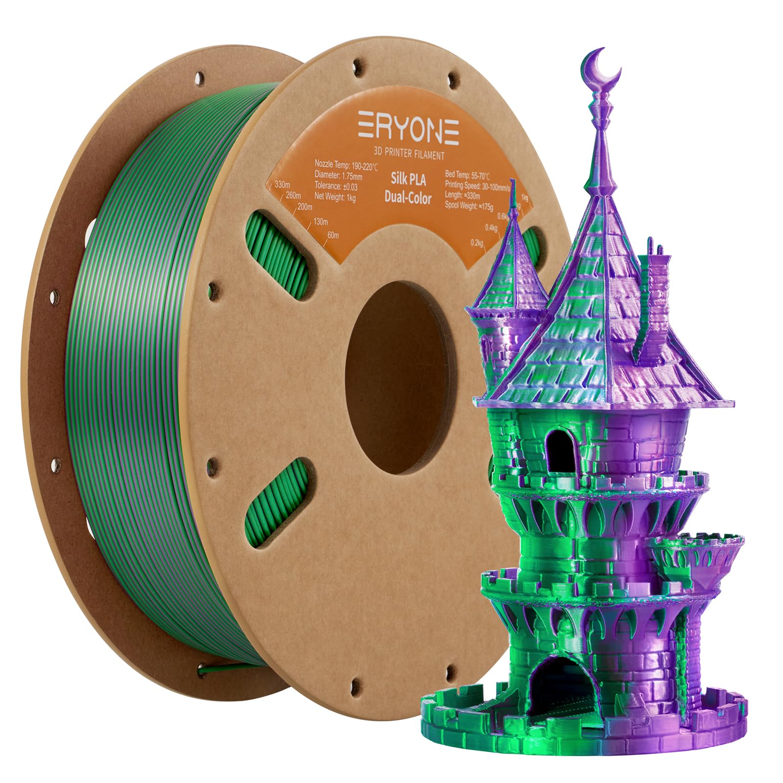 Eryone Silk Dual Color Filament Pla 3D Printer 1.75Mm +/  0.03Mm, Coextrusion Filament Pla Shiny Filament 1Kg(2.2Lbs), Purple&Gr