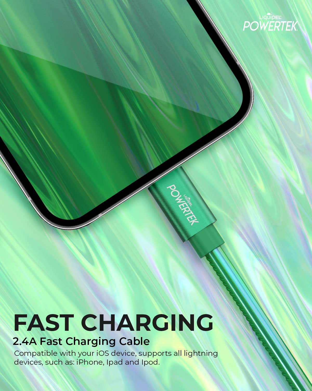 Liquipel Powertek Iphone Charger Cable, 6 Ft Fast Charging Lightning To Usb Cord Adapter, Compatible For Ipad, Mfi Certified, Metallic Shine (Green)