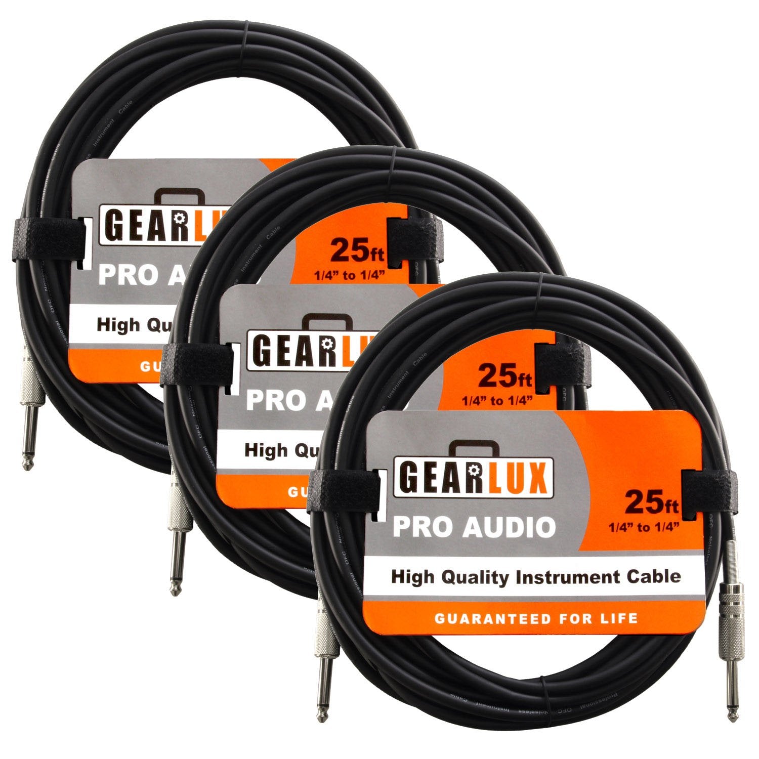 Gearlux Instrument Cable/Professional Guitar Cable 1/4 Inch To 1/4 Inch, Black, 25 Foot   3 Pack