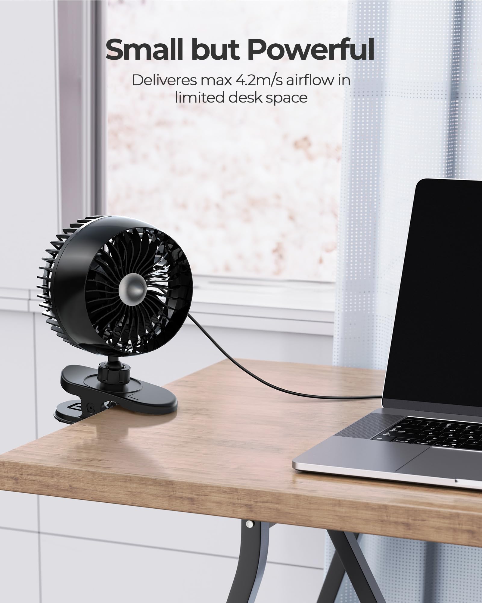 Koonie Usb Clip On Fan, Strong Wind Ultra Quiet Small Desk Fan With Strong Clamp, More Than 360 Adjustable, 3 Speeds Usb C Corde