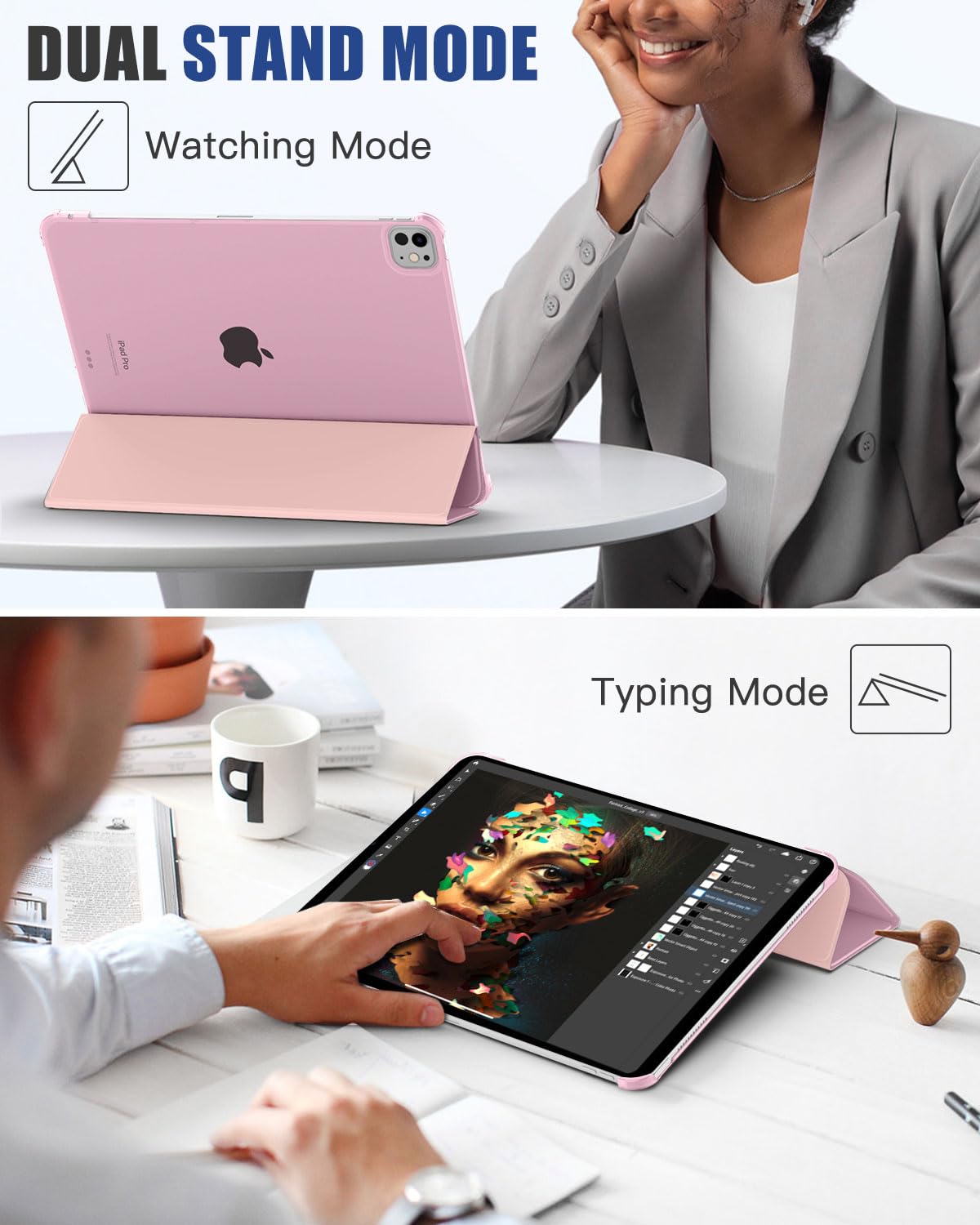 MoKo for iPad Pro 11 Inch Case M4 2024 (5th Gen), Ultra Slim Stand Case with Hard PC Translucent Back Shell Cover for iPad Pro 11'' 2024 Model (A2836/A2837/A3006),Support Apple Pencil Pro,Nosegay Pink