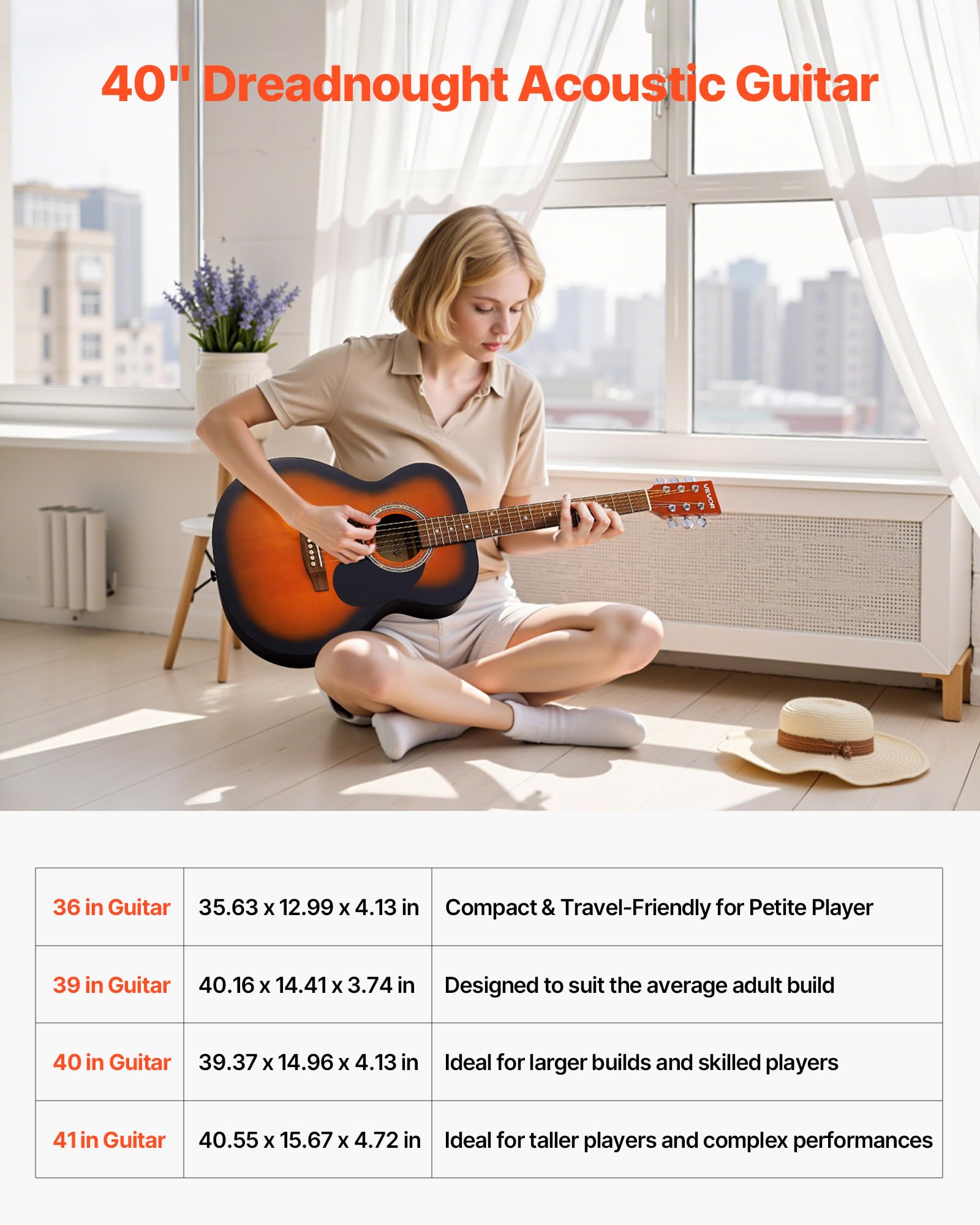 Vevor Dreadnought Acoustic Guitar, 40 In, 6-String Sunburst Solid Top Guitar, Beginner Bundle With Gig Bag, Tuner, Strap, Steel