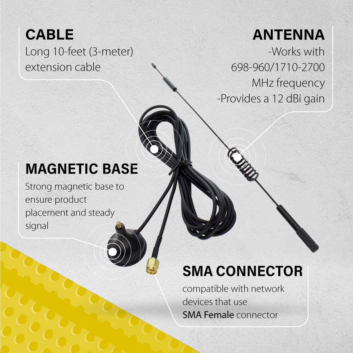 Shopcorp Gsm Omni Directional Spring Antenna With Sma Male Connector, 3 Ft Cable And Magnetic Base   Gmrs Radio, 3G 4G Lte Bands