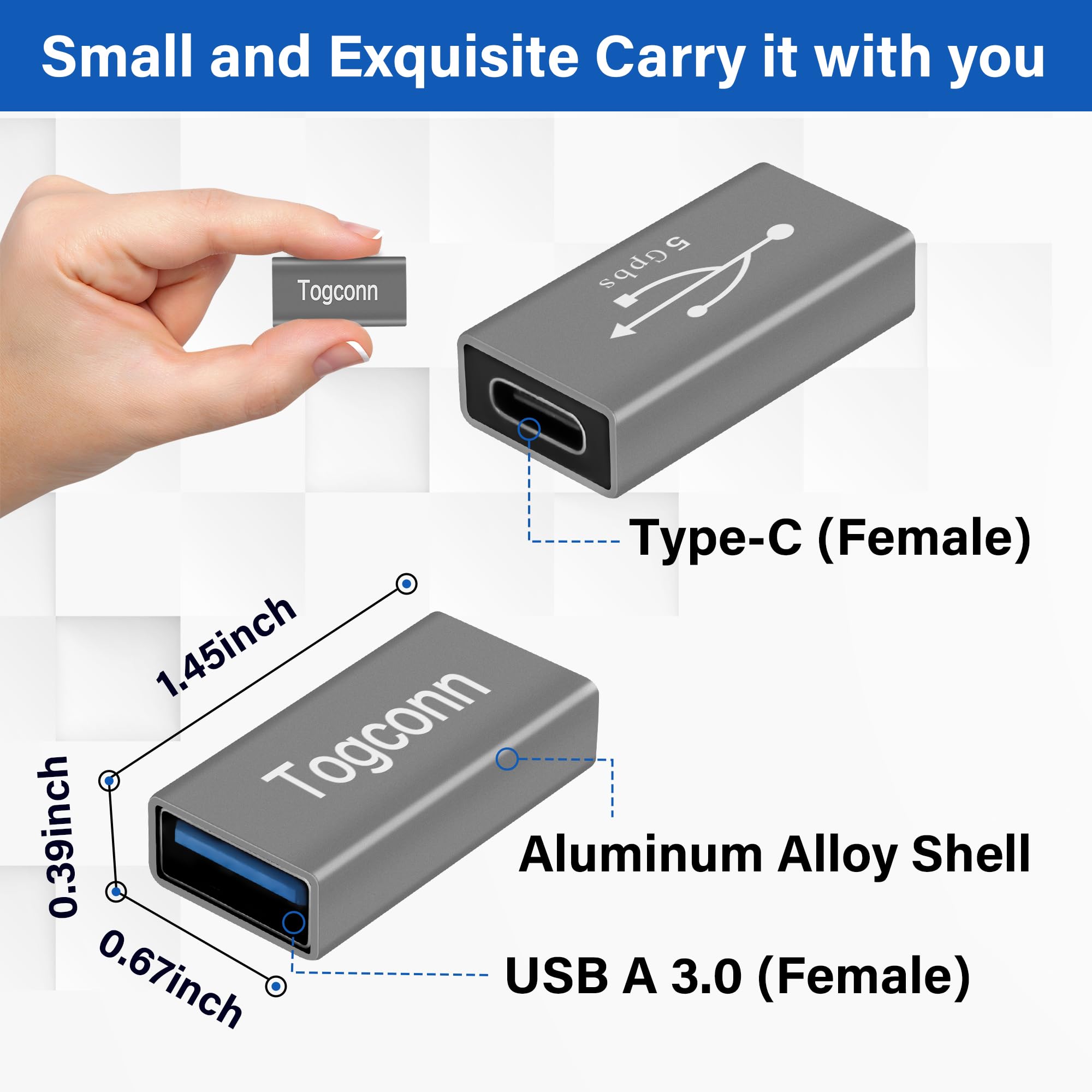 Togconn Usb C To Usb 3.0 Adapter (2 Pack),Usb Type C (Female) To Usb A (Female) Coupler Convert,Bi Directional High Speed Usb Ex