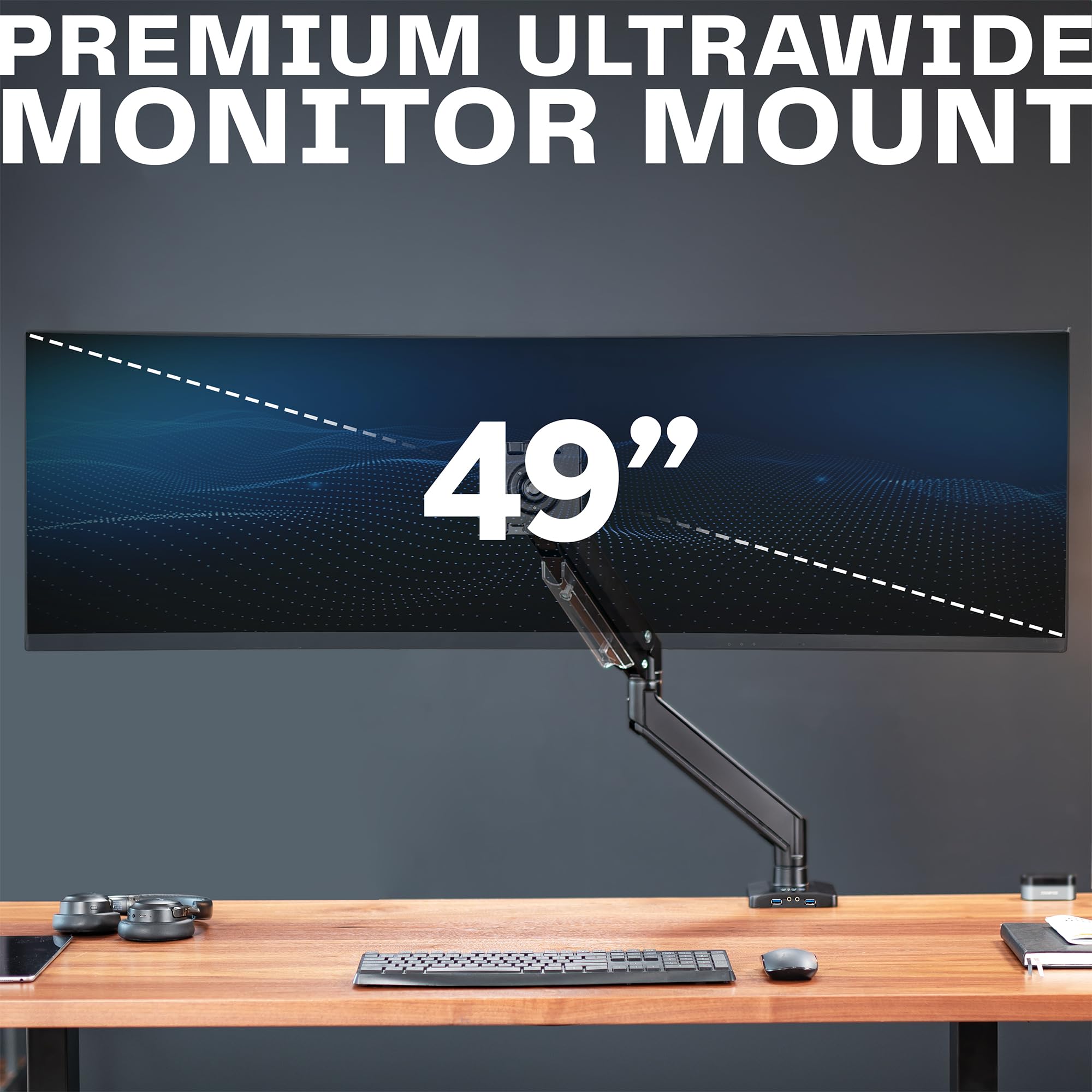 VIVO Premium Aluminum Heavy Duty Monitor Arm with 3.0 USB Ports, Fits Ultrawide Monitors up to 49 inches and 33 lbs, Single Desk Mount Stand, Pneumatic Height, Max VESA 100x100, Black, STAND V101G1U
