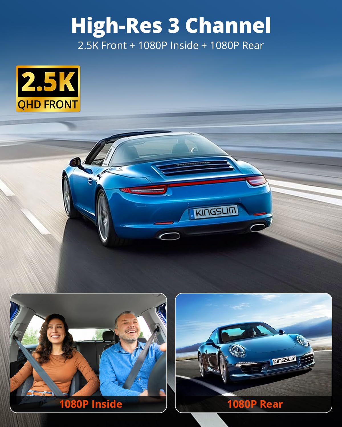 Kingslim 3 Channel 5G Wifi Dash Cam With 64Gb Card, 2.5K/1080P Front And Rear Inside Dashcam, 2.5K/1080P/1080P Three Way Dash Ca