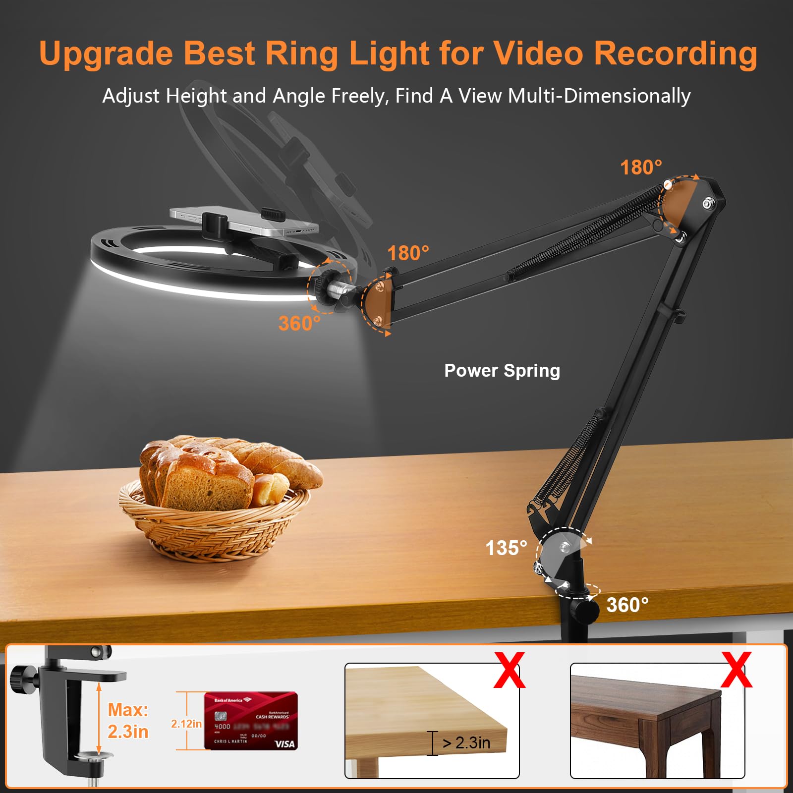Upgrade Ring Light Overhead Phone Mount, Evershop Selfie Ring Light With Stand And Phone Holder,10   Circle Led Desk Ring Light