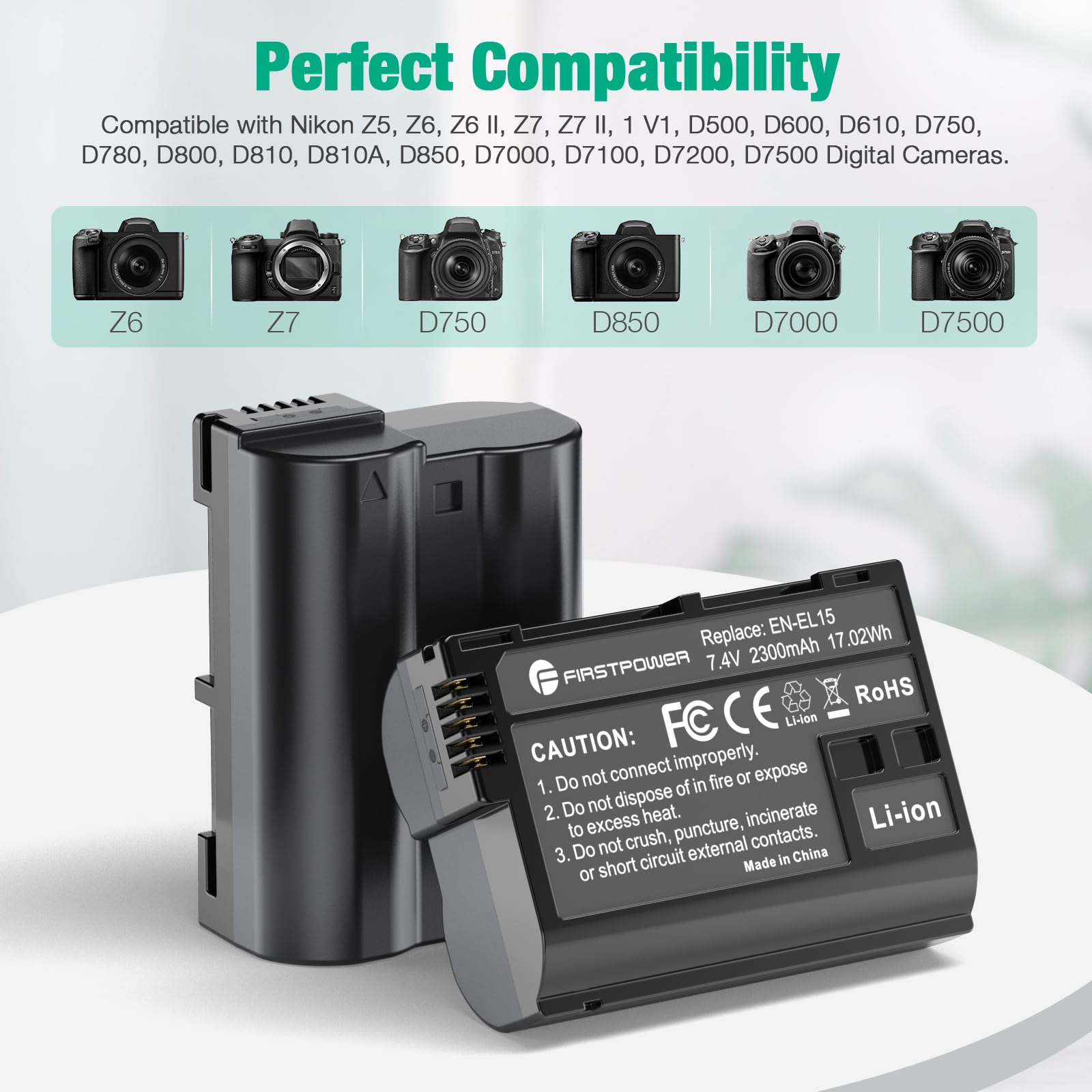 FirstPower EN-EL15 Batteries 2-Pack & USB Dual Charger for Nikon Z6 Z7 D750 D850 - Black
