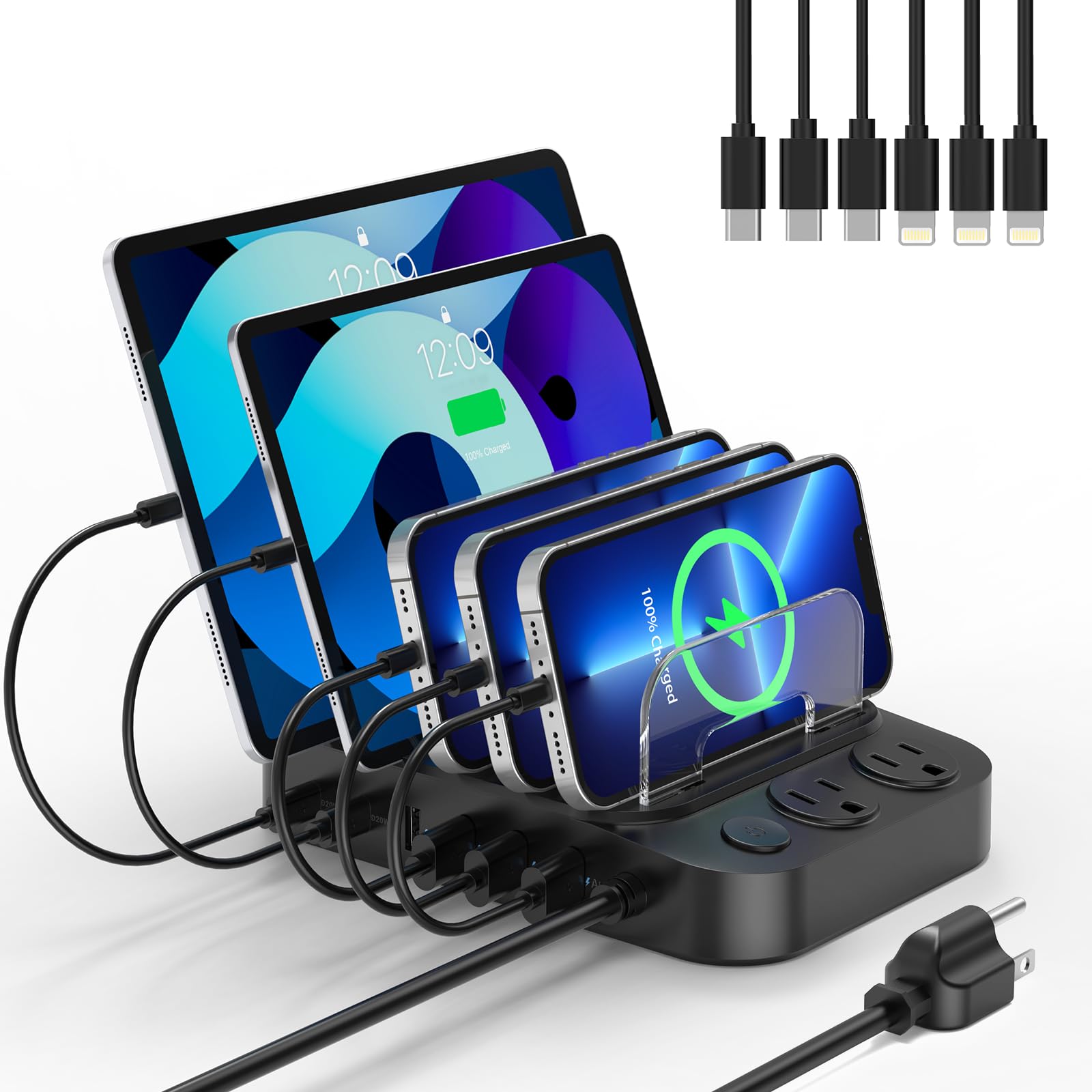 Catlyn Charging Station For Multiple Devices, 8 Port Charger Stations With 6 Mixed Charger Cables Organizer Dock,Compatible For