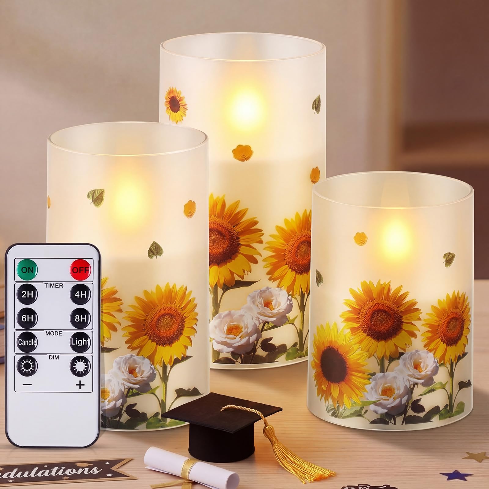 Retisee 3 Pack Sunflower Flameless Candles Decor Flickering LED Acrylic Candles for Graduation Season Battery Operated with Remo