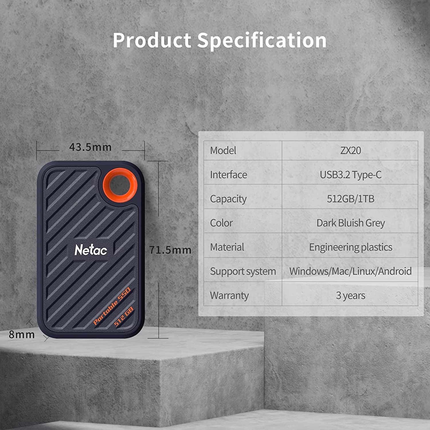 Netac 512Gb Extreme Portable Ssd External Solid State Drives Up To 2000Mb/S Read 1700Mb/S Write Speed, Usb 3.2 Gen.2 Business Tr