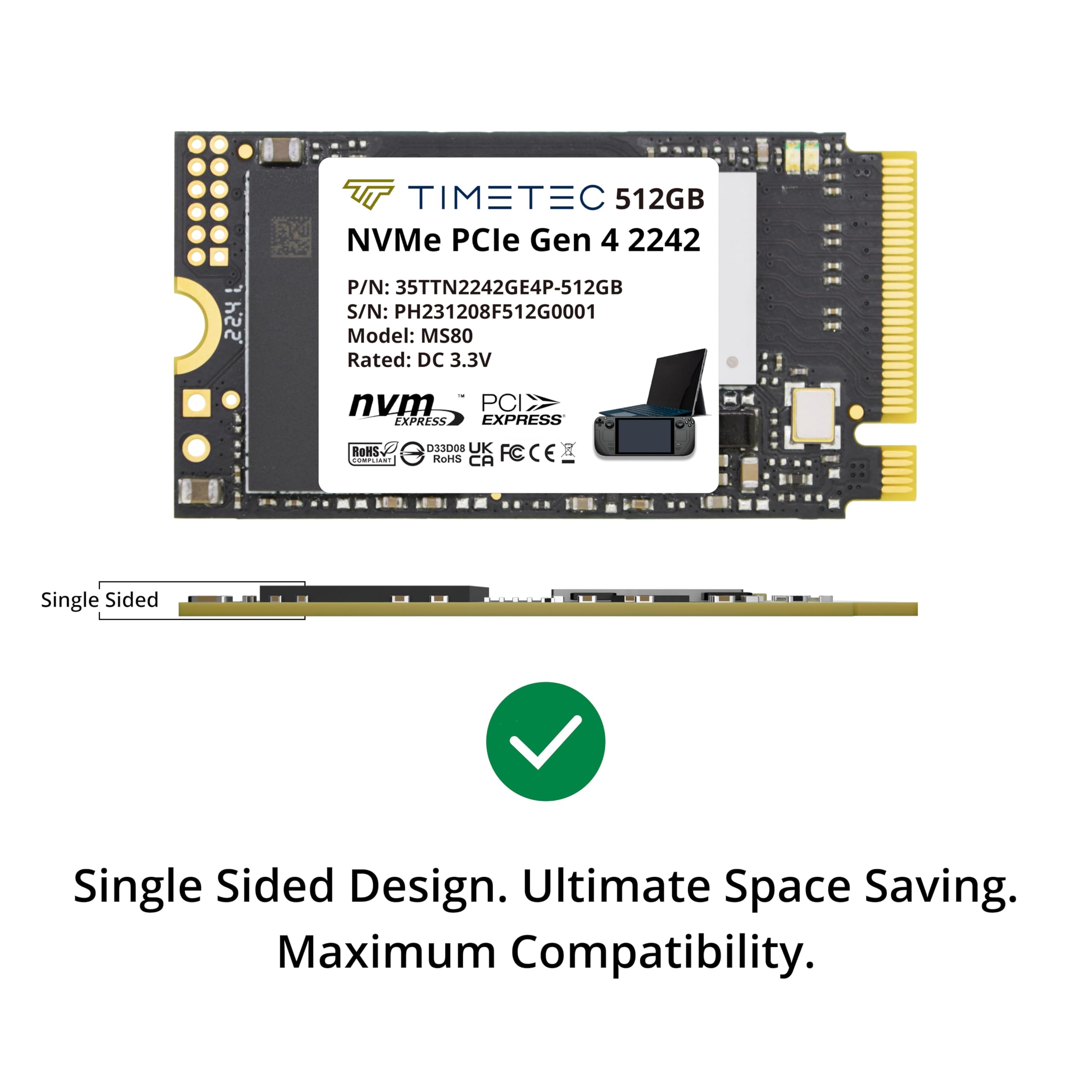 Timetec 512Gb M.2 2242 Ssd Nvme Pcie Gen4X4 Read/Write Speed Up To 5,100/4,600 Mb/S Single Sided Compatible With Lenovo Thinkpad