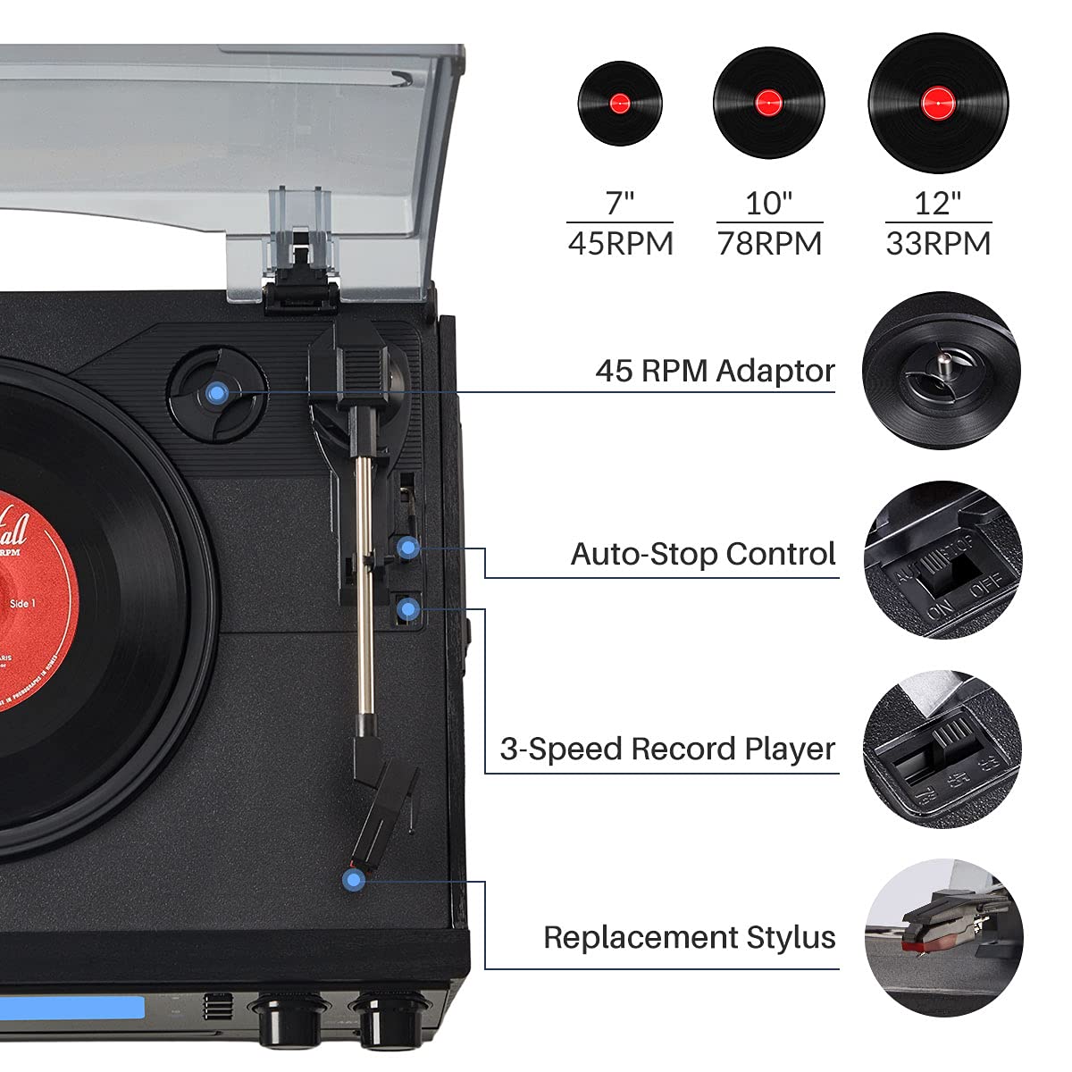 Orcc 10 In 1 Bluetooth Turntable Record Player With Built In Speaker, Vinyl Turntable Cd Cassette And Fm/Am Radio Combo, Aux In