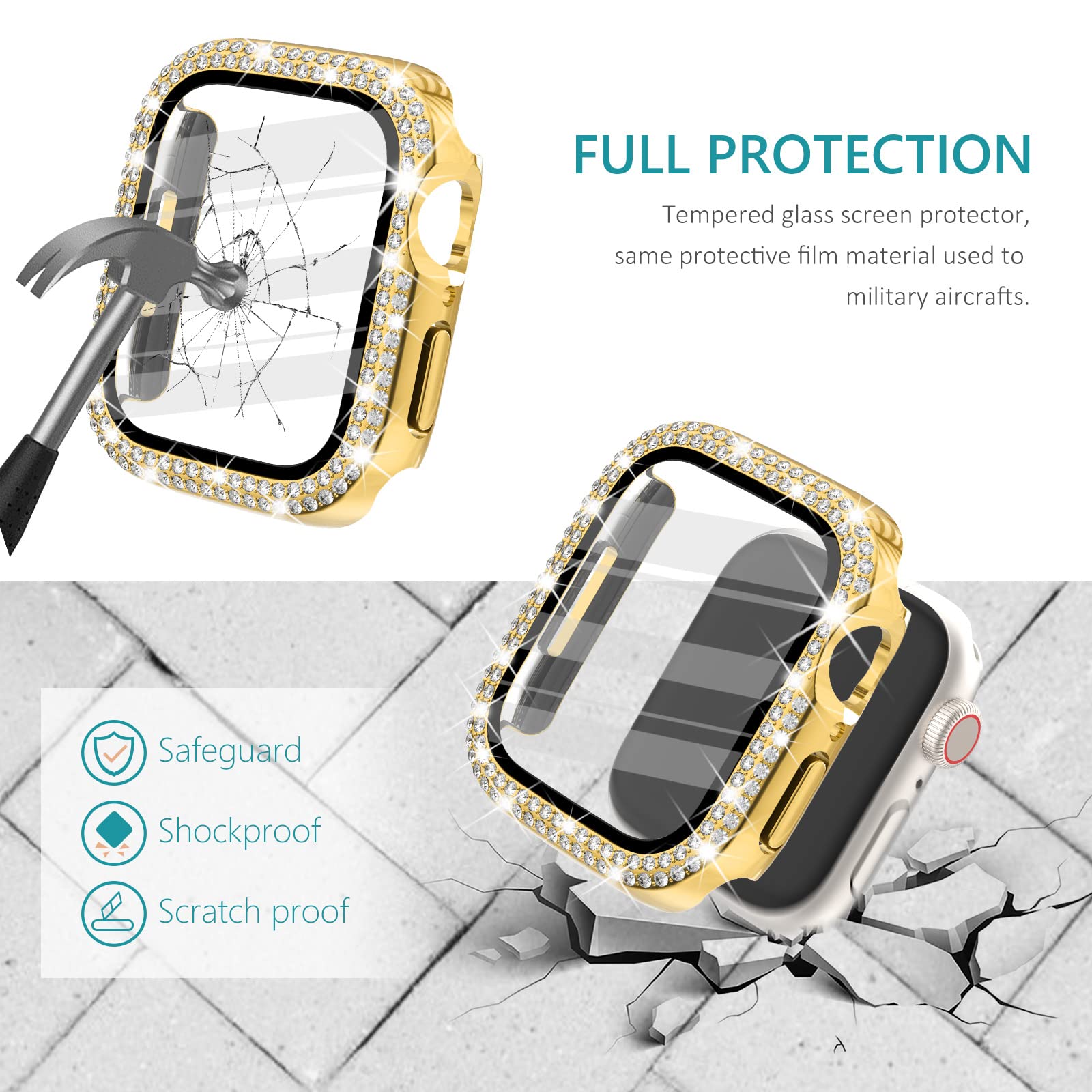Surace Apple Watch 42Mm Series 3/2/1 Case With Tempered Glass Screen Protector, Bling Diamond Overall Protective Case, Gold