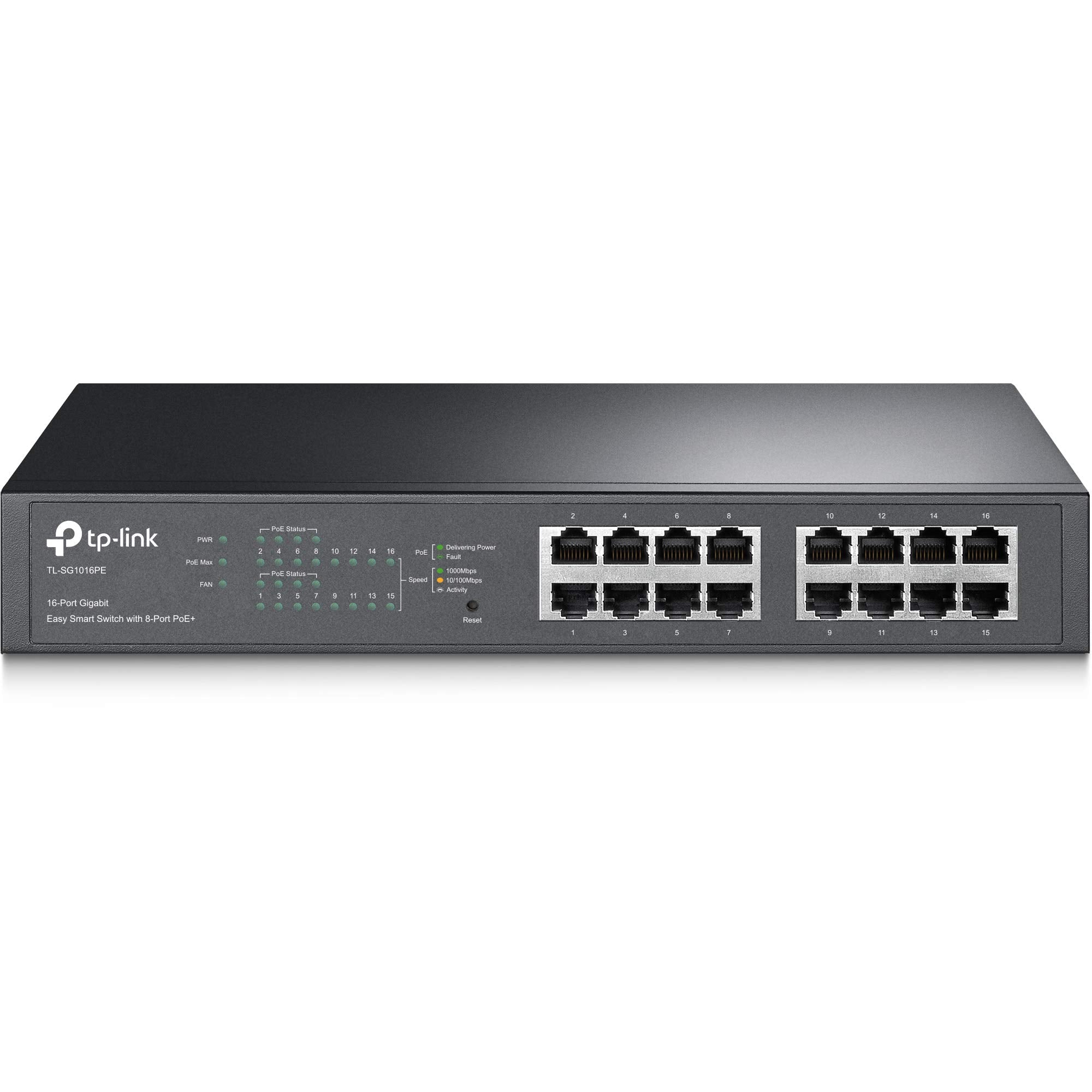 TP-LINK (TL-SG1016PE) 16-Port Gigabit Easy Smart Desktop/Rackmount Switch, 8-Port PoE, Metal