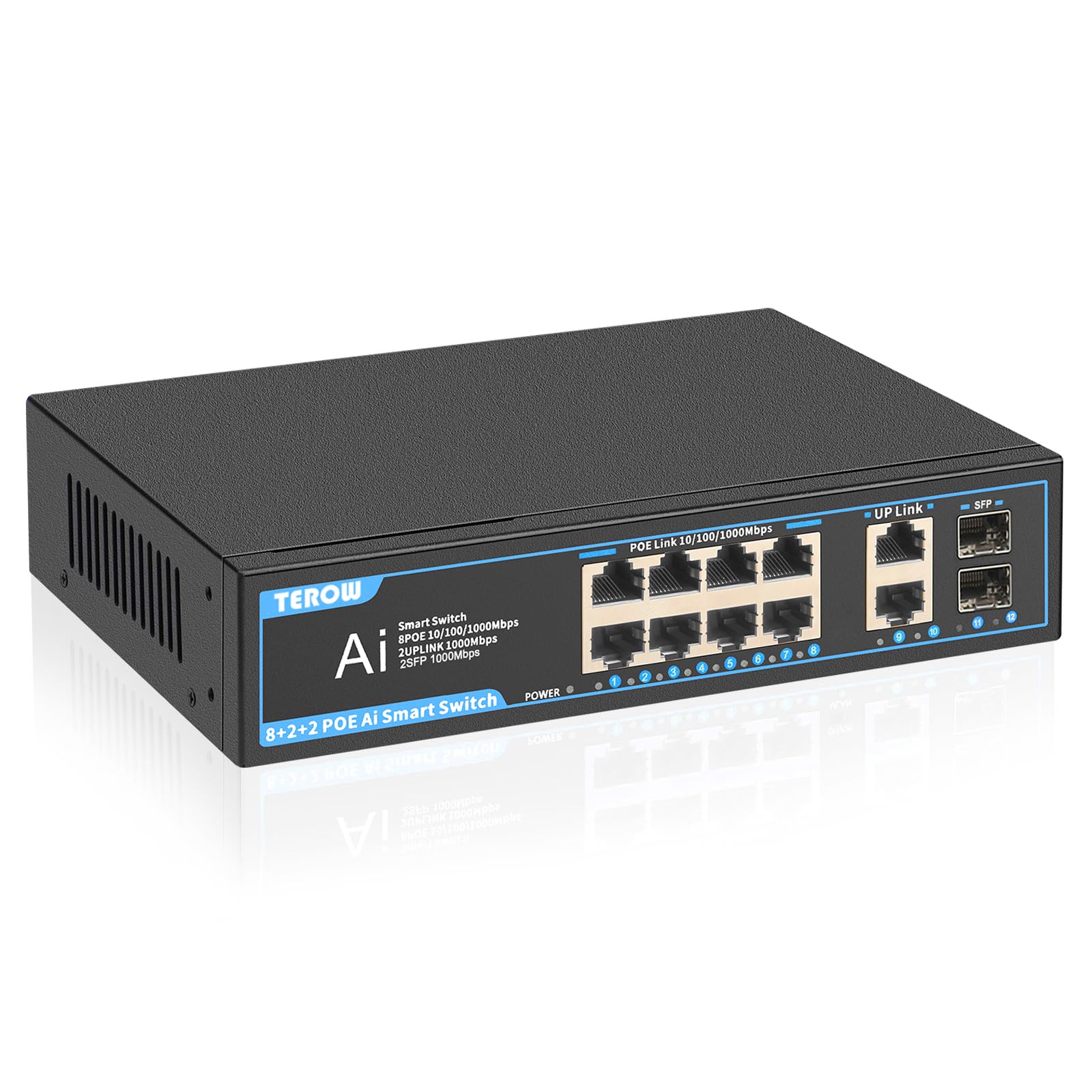 Terow 12 Port Gigabit Network Switch: Featuring 8 Poe+2 Uplink And 2 Sfp Ports, 802.3Af/At Compliant, Plug & Play, With Shielded