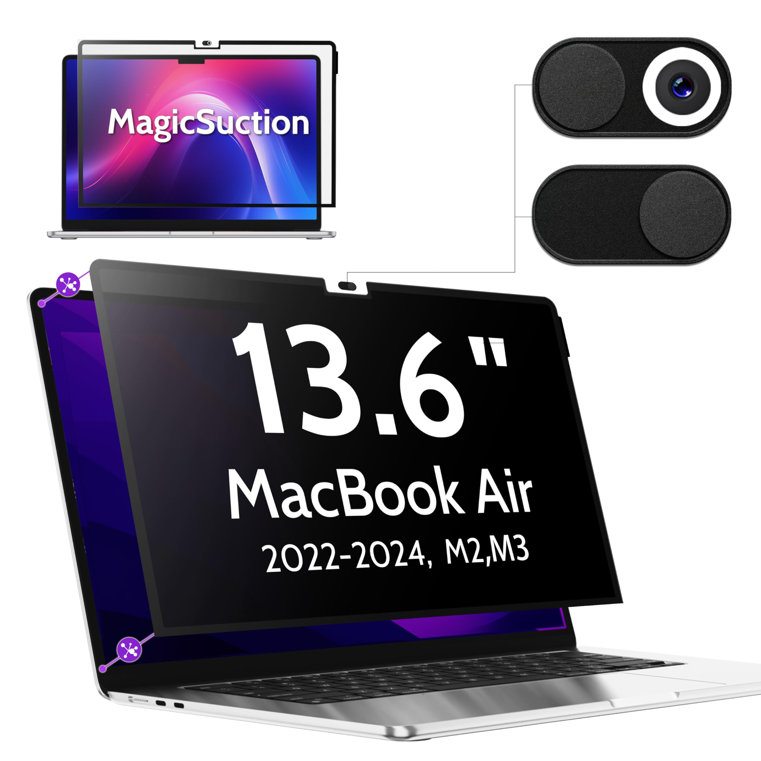 Peslv Privacy Screen For Macbook Air 13.6 Inch (2022 2024, M2, M3)   A2681, A3113 Magicsuction Removable Anti Spy Black Protecto