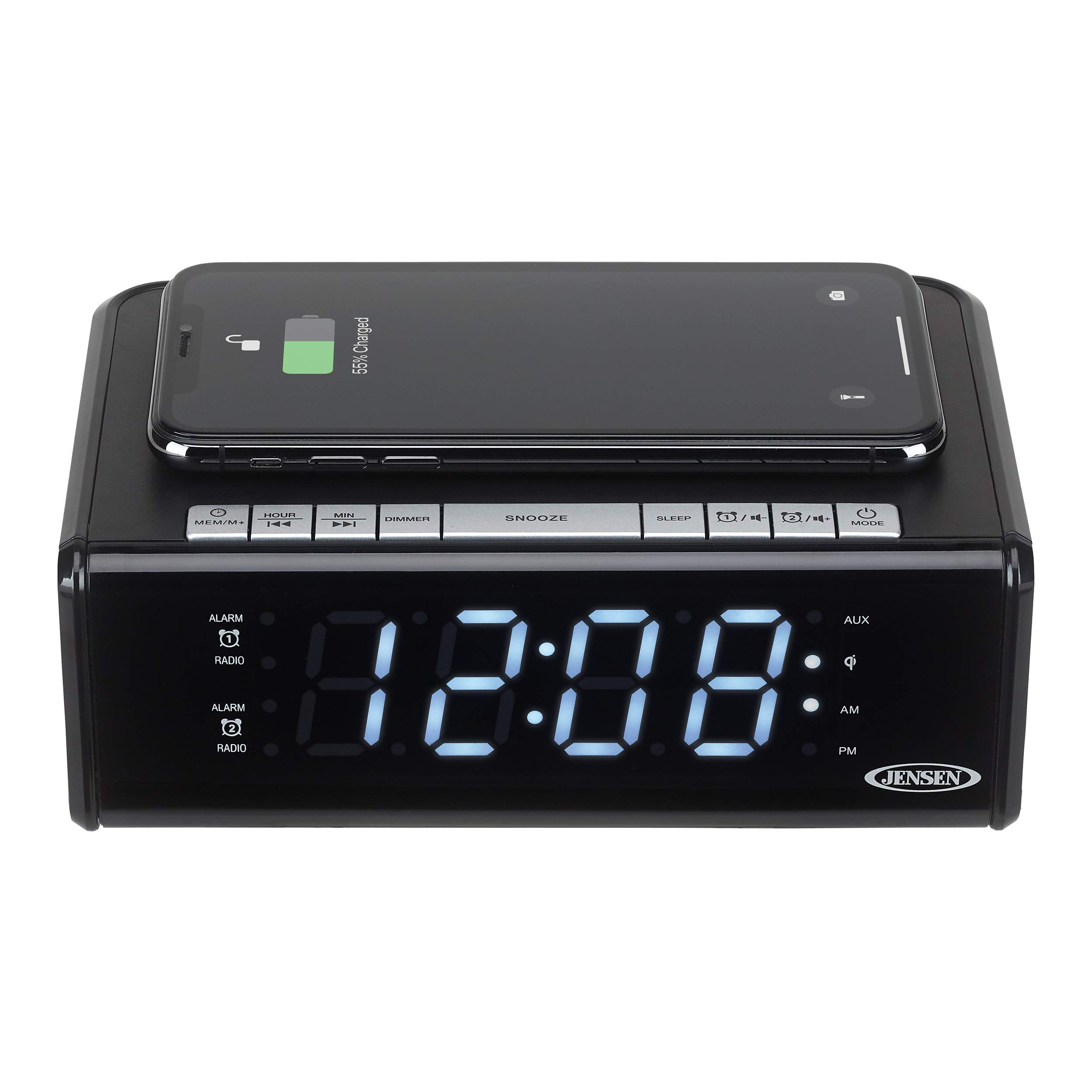 Jensen Qicr-200 Dual Alarm Clock Radio With Qi Charging, White, 9.40In. X 5.00In. X 3.00In.