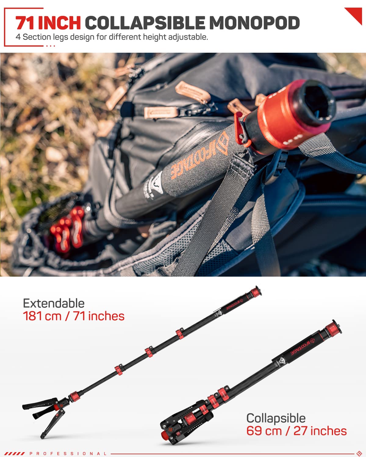 Ifootage 71  Professional Carbon Fiber Monopod For Dslr Cameras, Portable Travel Monopod With Feet, Max Load 17.64 Lbs, Compatib