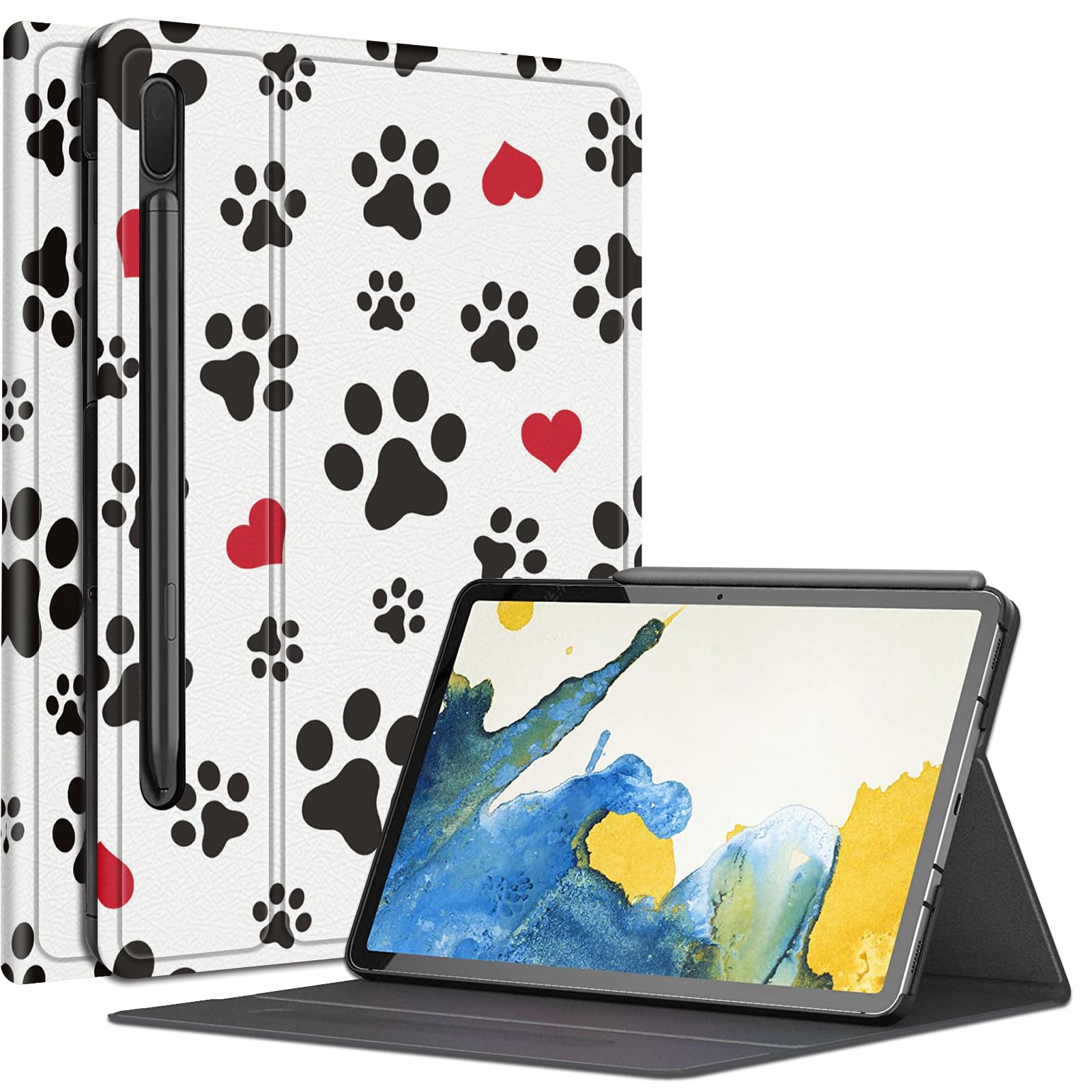 Cute Dog Paw Prints Case For Samsung Galaxy Tab S8 (2022) / Galaxy Tab S7 (2020) 11 Inch, Multiple Viewing Angles Case With S Pe
