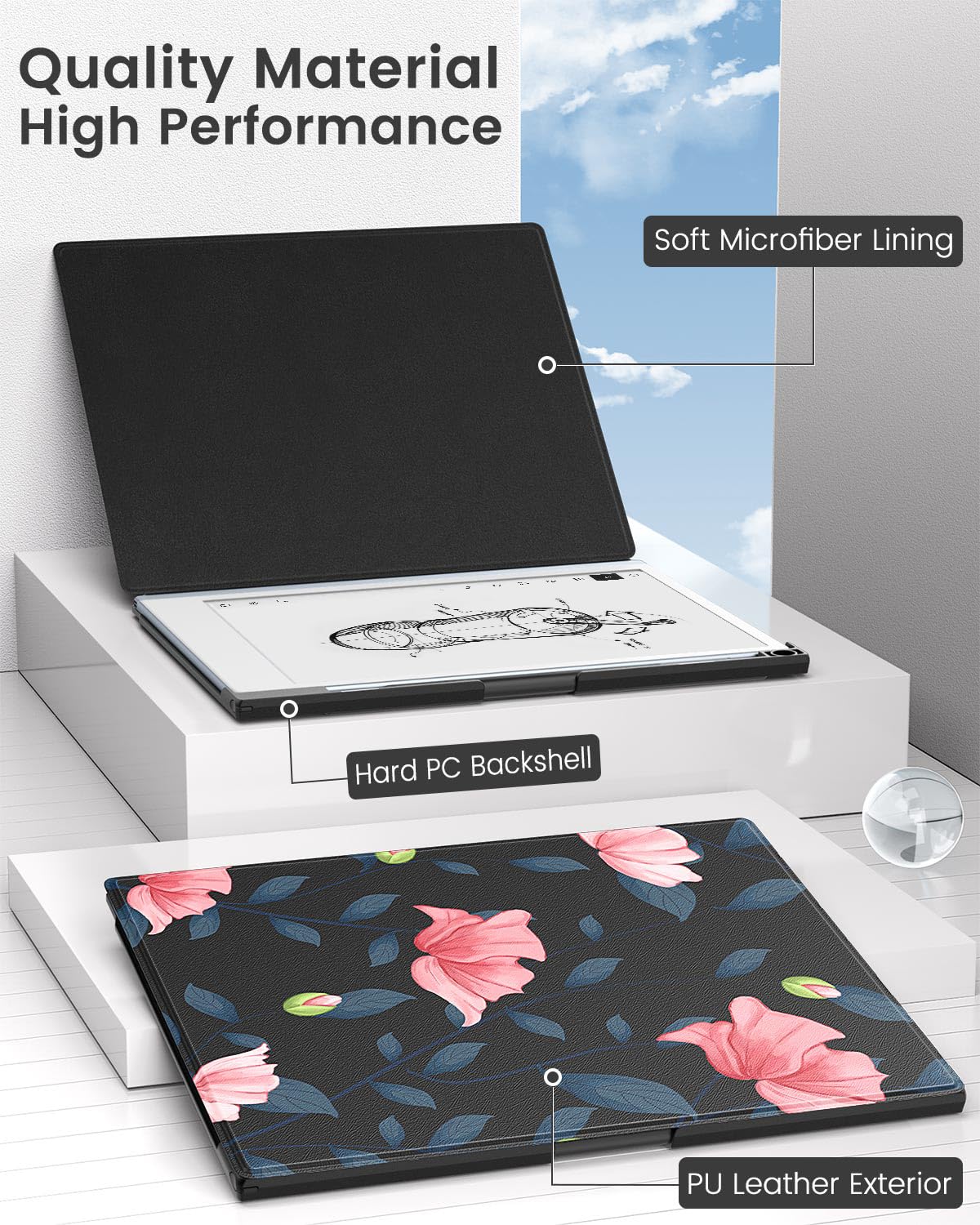 MoKo for Remarkable 2 Case, Lightweight and Hard Back Shell Protective Case with Built in Pen Holder, Smart Tablet Cover Folio for Remarkable 2 Tablet 10.3' 2020 Release, Black & Pink