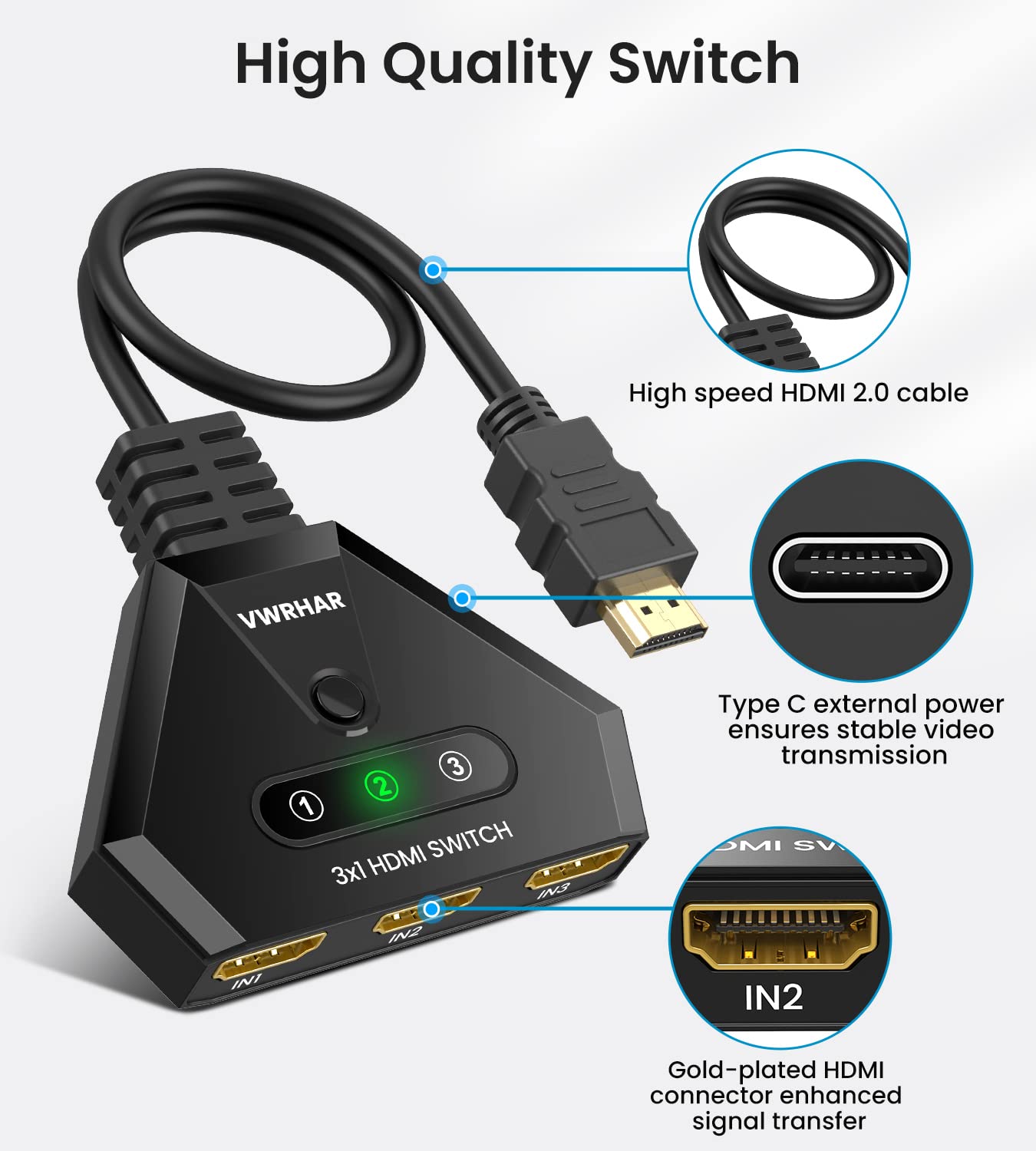 Hdmi Switch 4K Hdmi Splitter, Automatic Hdmi Switch 3 In 1 Out With Pigtail Hdmi Cable, 3 Ports Hdmi Switcher Support Hdcp 2.2 F