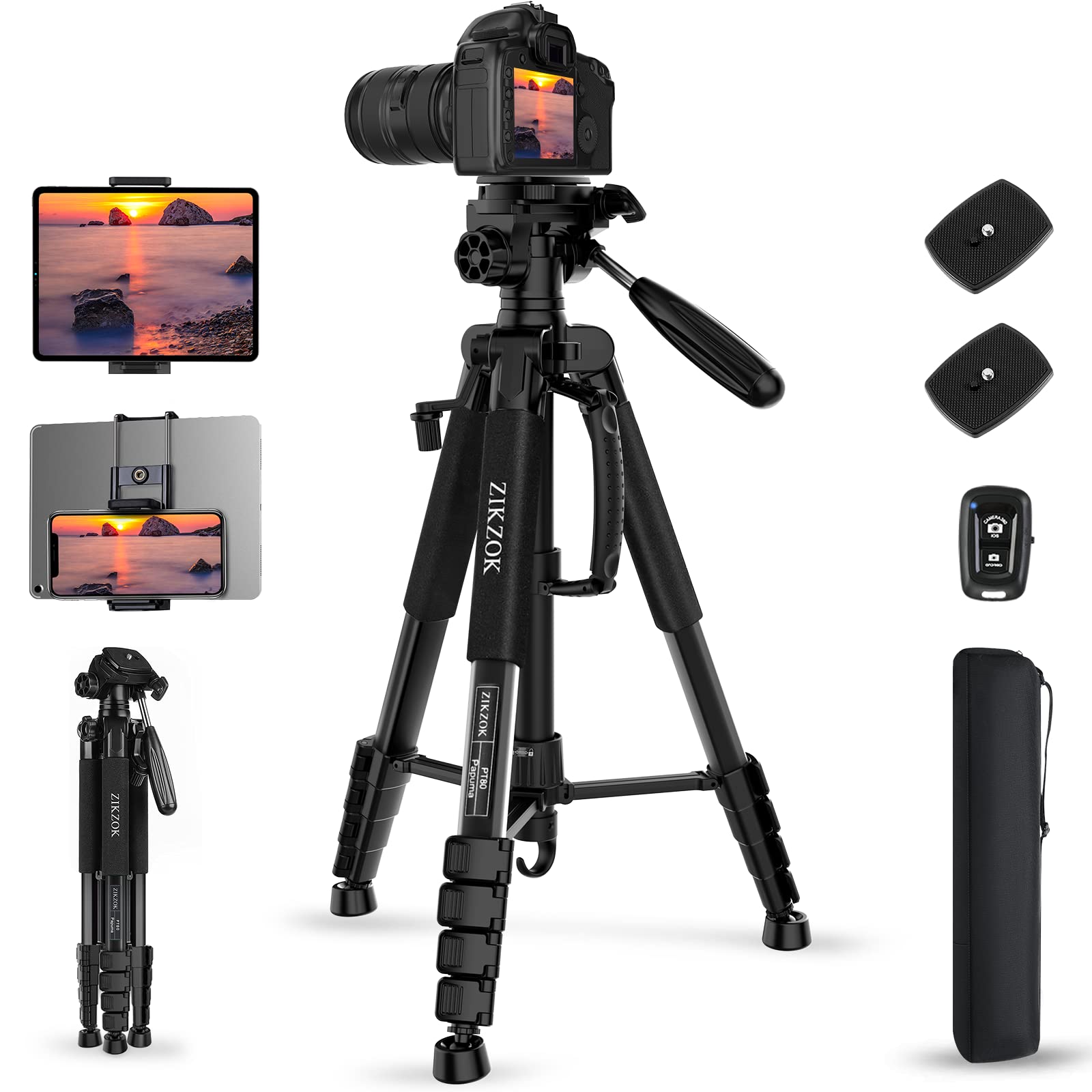 Zikzok 75 Inch Camera Tripod, Lightweight Travel Aluminum Cell Phone Video Tripod For Dslr/Slr/Dv/Gopro/Iphone With Bag (Weight 