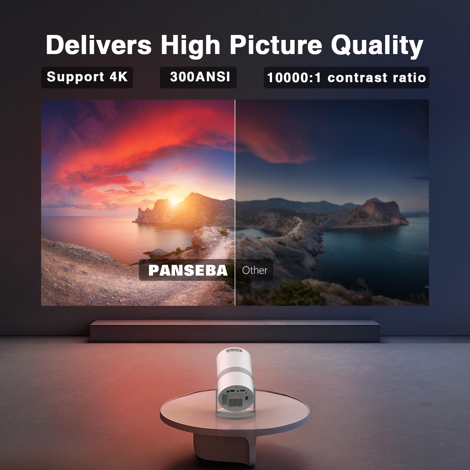 [Built In  Apps] Panseba 270Adjustable Smart Mini Projector With Wifi 6 And Bluetooth, Auto Keystone Outdoor Movie Projector, Bi