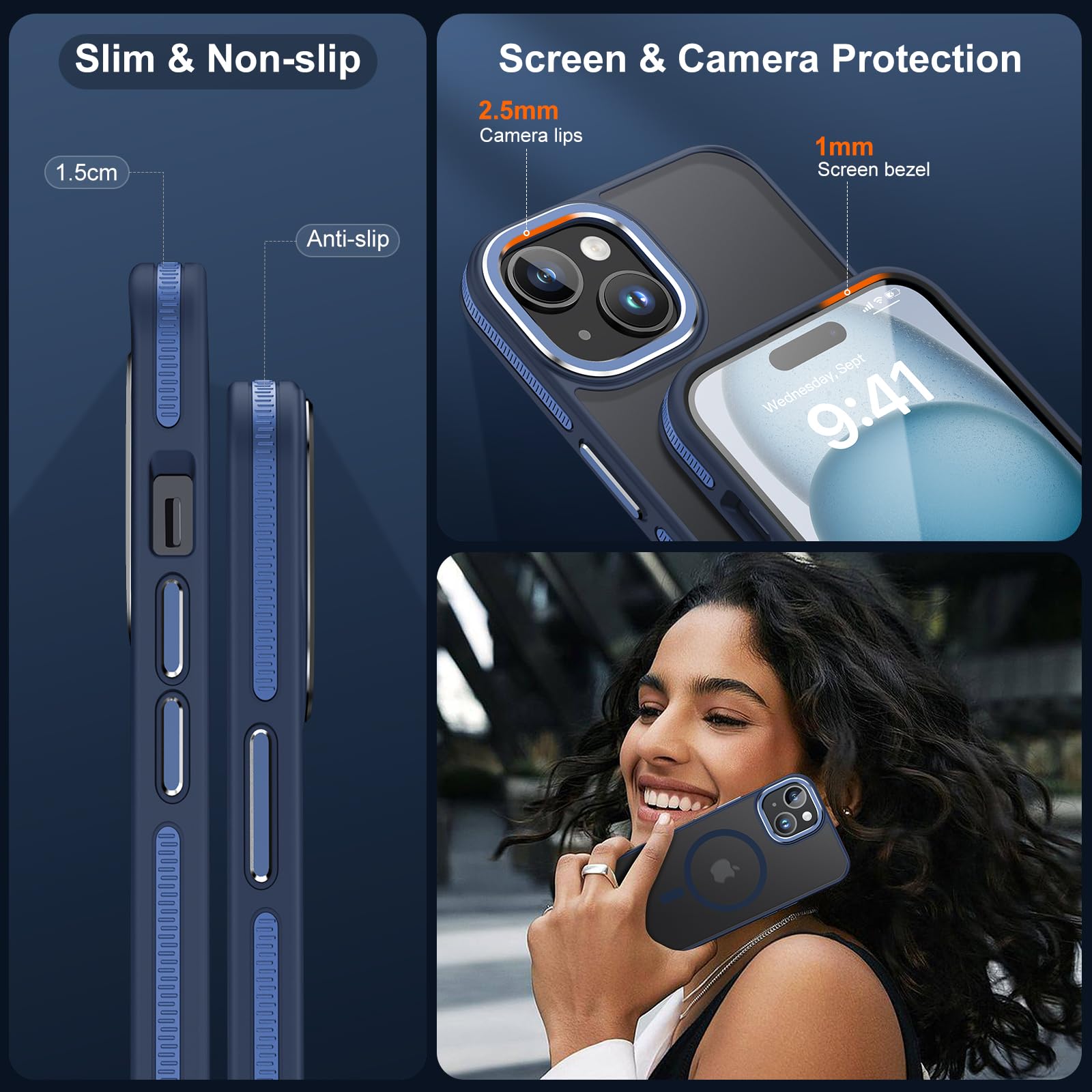 Jame For Iphone 15 Case, Iphone 15 Phone Case With 2 Tempered Glass Screen Protectors, [Compatible With Magsafe], [Military Grad