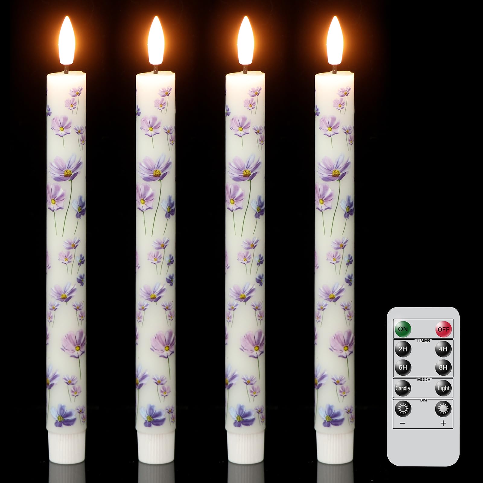 Wondise Flameless Flickering Candles With Remote And Timer, 4 Pack Real Wax Battery Operated Led Taper Candles 3D Wick Purple Fl