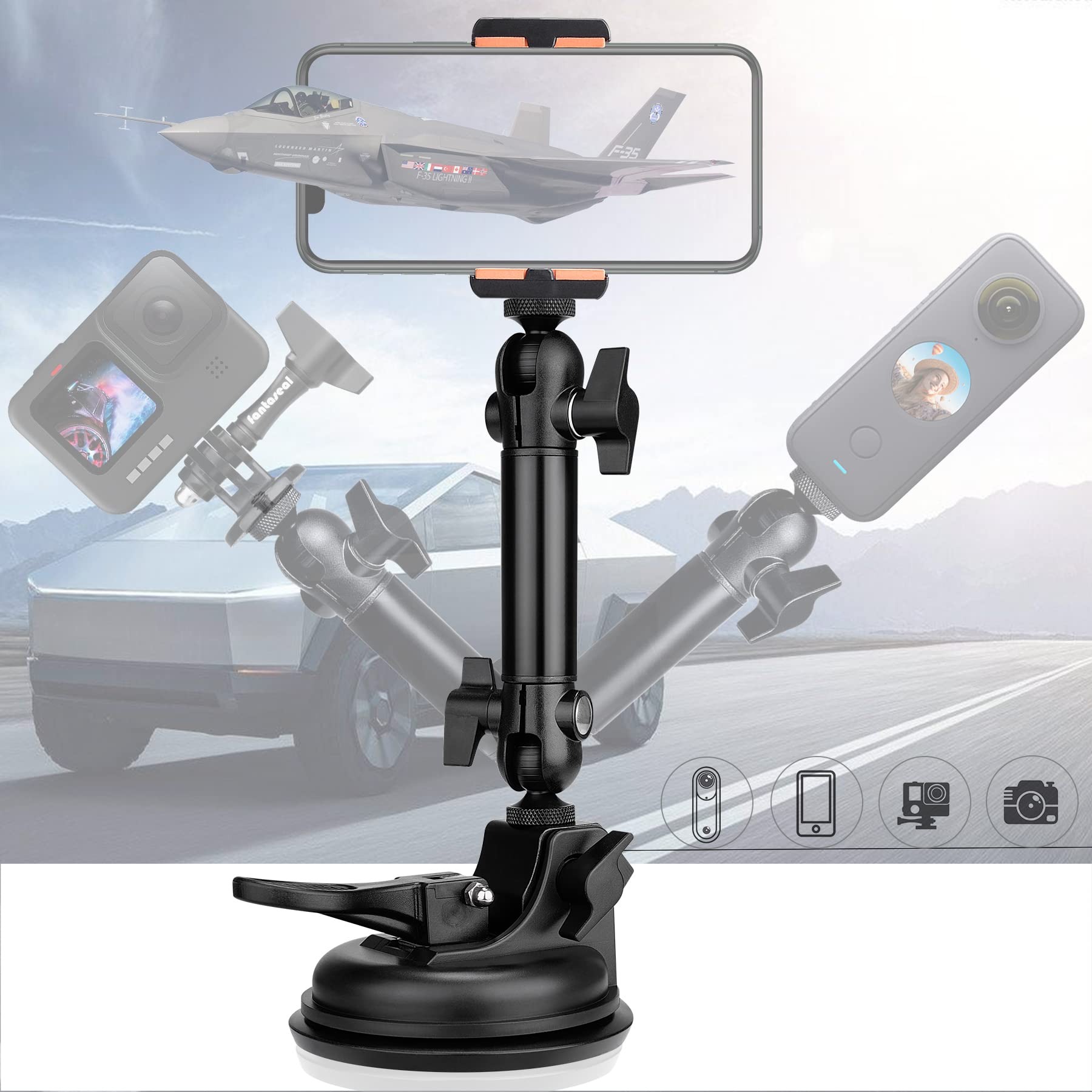 Heavy Duty F100Mm Suction Cup + Adjustable Dual Ball Head Action Camera Dash Cam Phone Car Mount Windscreen Window Cockpit Holde