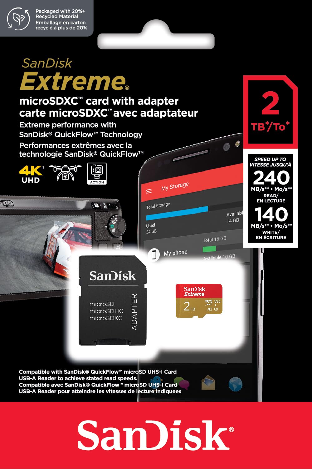Sandisk 2Tb Extreme Microsdxc Uhs I Memory Card With Adapter   Up To 240Mb/S, C10, U3, V30, 4K, 5K, A2, Micro Sd Card  Sdsqxav 2