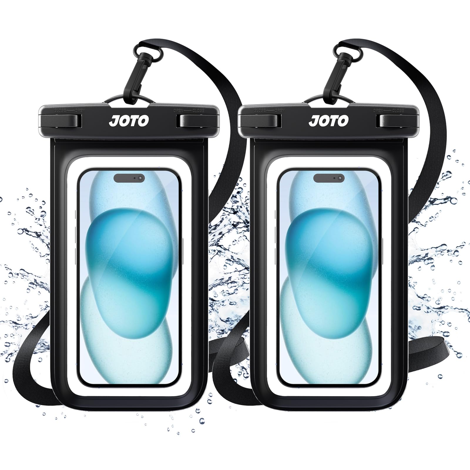 JOTO 2 Pack Waterproof Phone Pouch, Universal IPX8 Dry Bag up to 7 Black