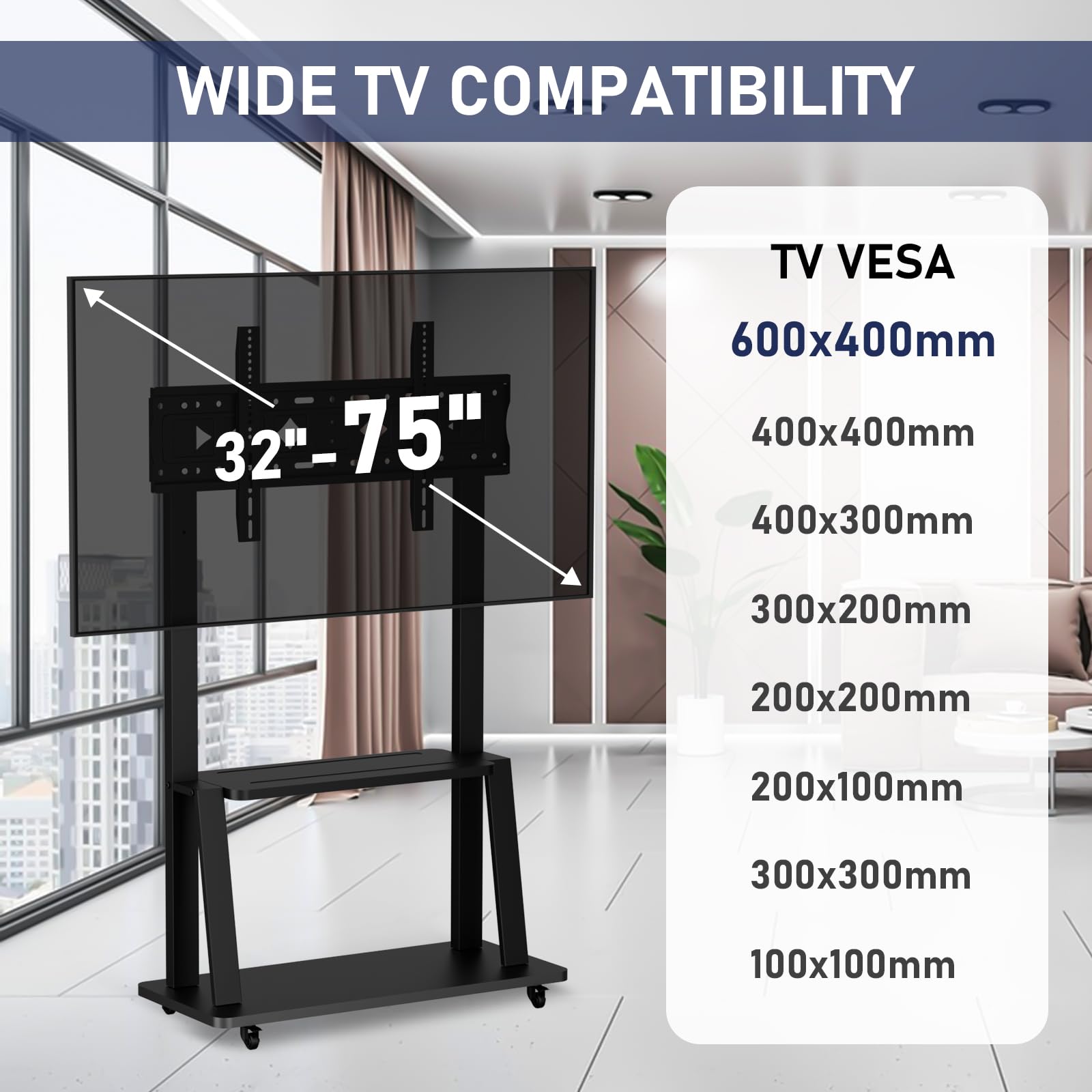 Duiliuu Rolling Tv Stand, Mobile Tv Cart With Wheels For 32 75 Inch Tv, Portable Tv Stand With Shelf,Hight Adjustable,Holds Up T