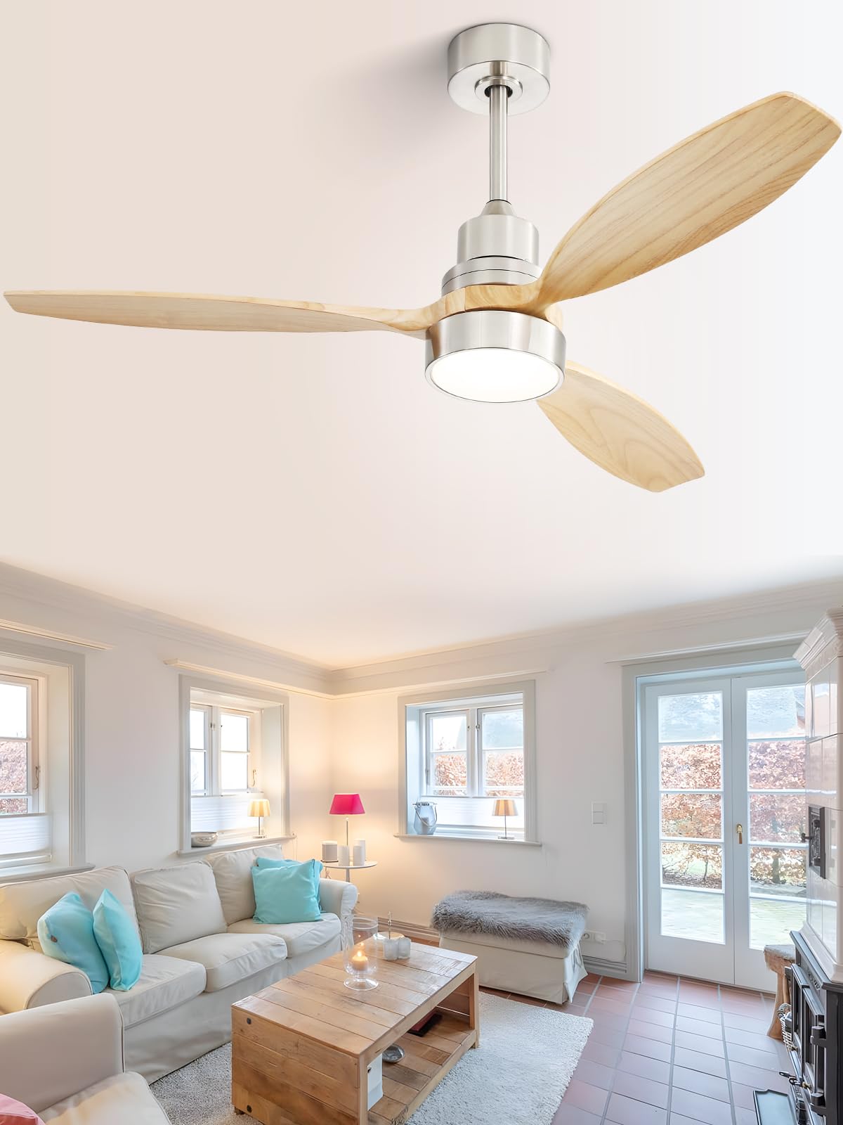 Sofucor Ceiling Fan with Lights, 52 Inch Low Profile Flush Mount Mordern Wood Ceiling Fan with Remote for Indoor Farmhouse Bedro