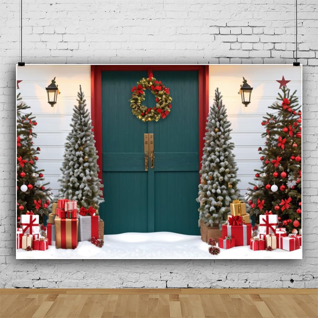 Canessioa Christmas Backdrop 10X8Ft (300X240Cm) Christmas Backdrops For Photography Rustic Farmhouse Barn Door Xmas Trees Photog