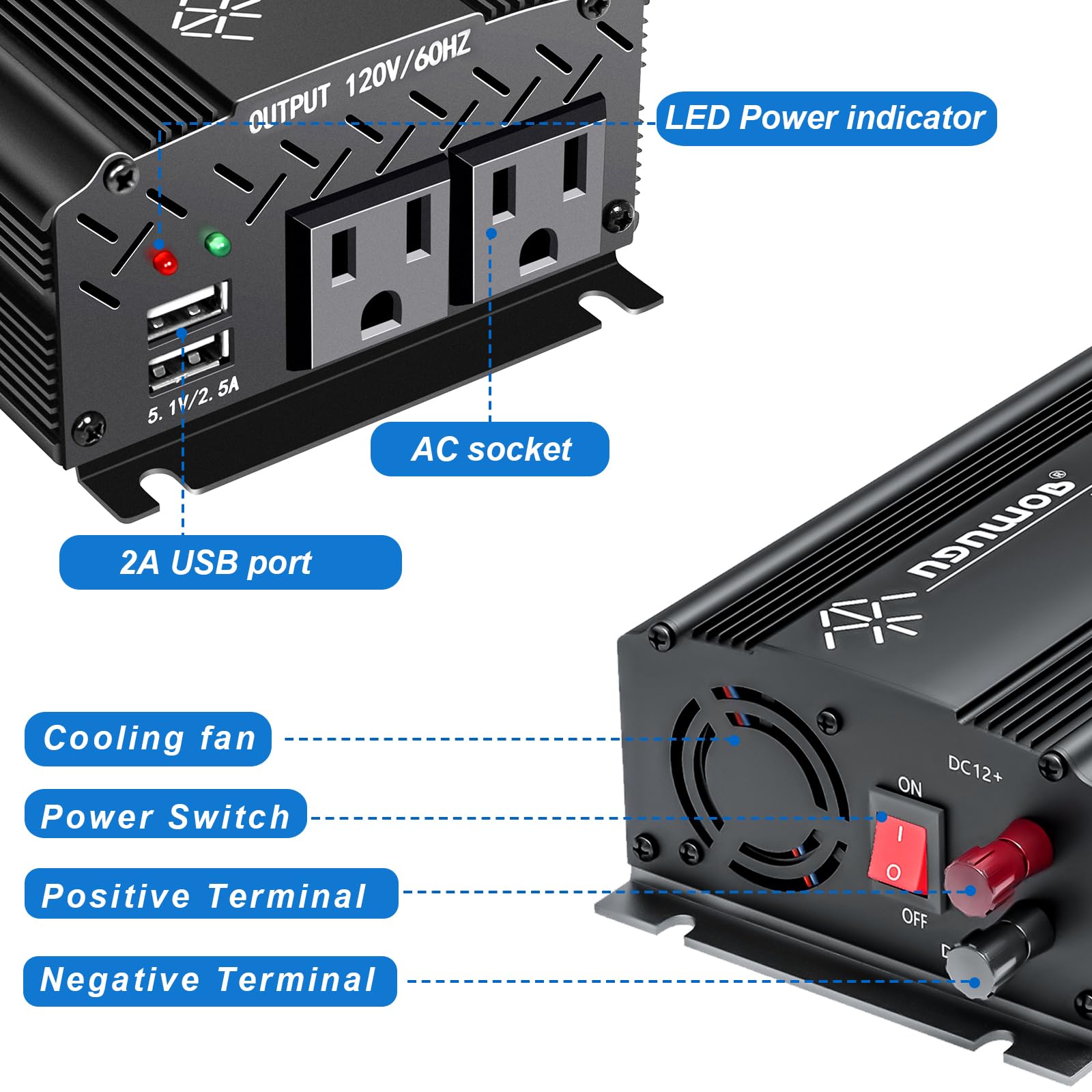 Tebrol 750W Black Car Power Inverter, 12V To 110V/120V, 2 Ac Outlets, 2 Usb Ports, Battery Clamps, Ideal For Vehicles, Trucks, C