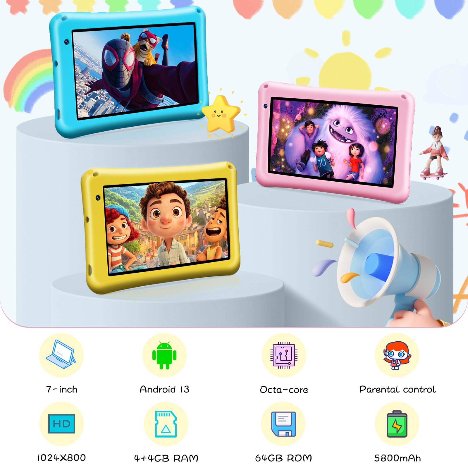 Bisaikasow Kids Tablet 7 Inch, Android 13, 8Gb Ram 64Gb Rom Expandable, Octa-Core, 5800Mah Battery, Parental Control, Wifi, Dual