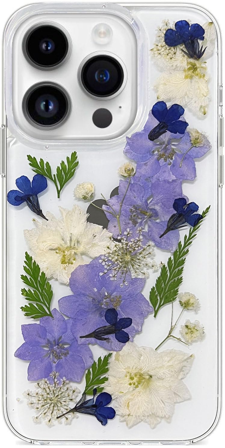 Abbery for iPhone 15 Pro Case Clear White Blue Purple Pressed Flower Design Space Butterfly Cute Soft TPU Real Dried Floral Aest