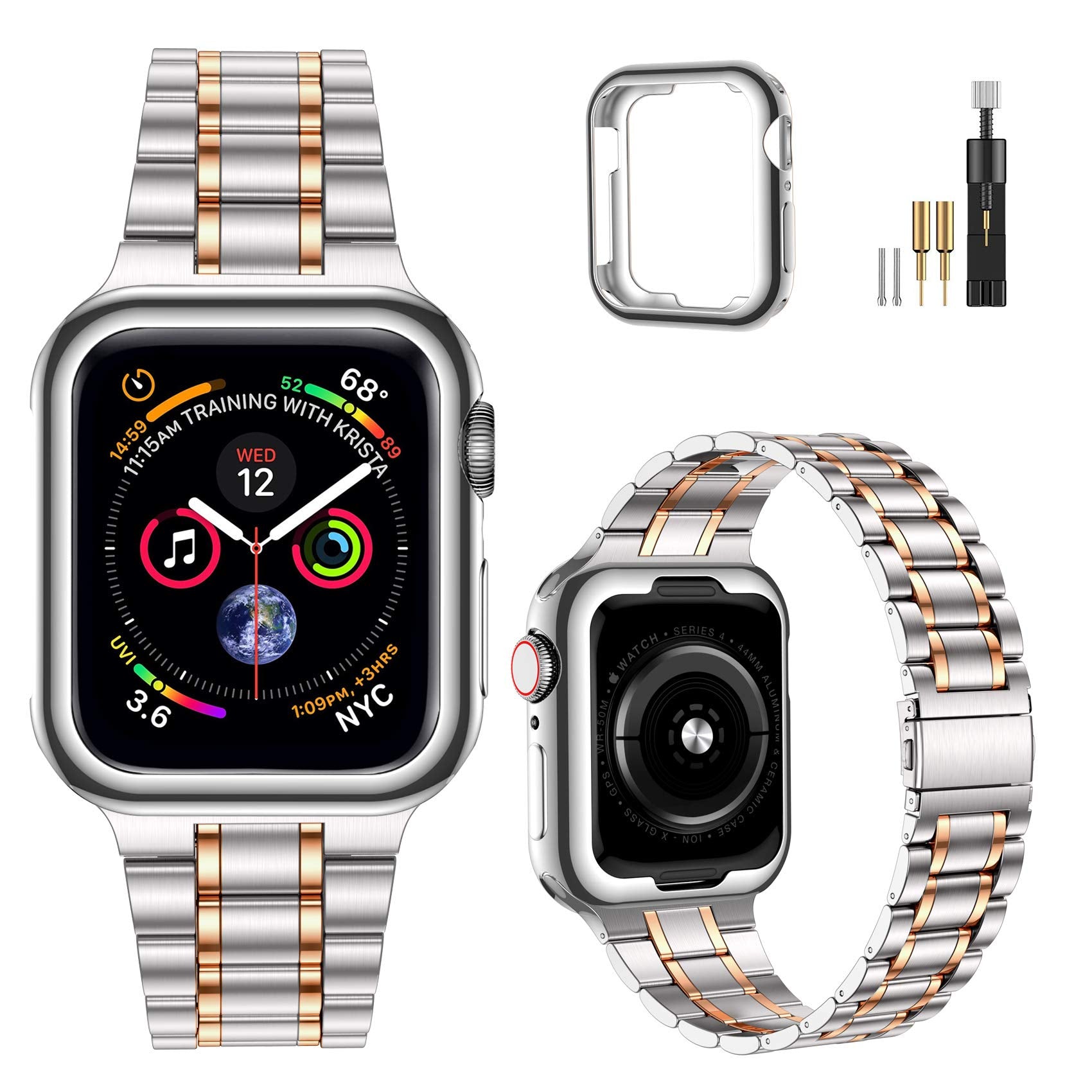 Miohhr Solid Stainless Steel Band Compatible With Apple Watch 41Mm, Metal Strap With Soft Tpu Case For Iwatch Series 9 8 7 Women