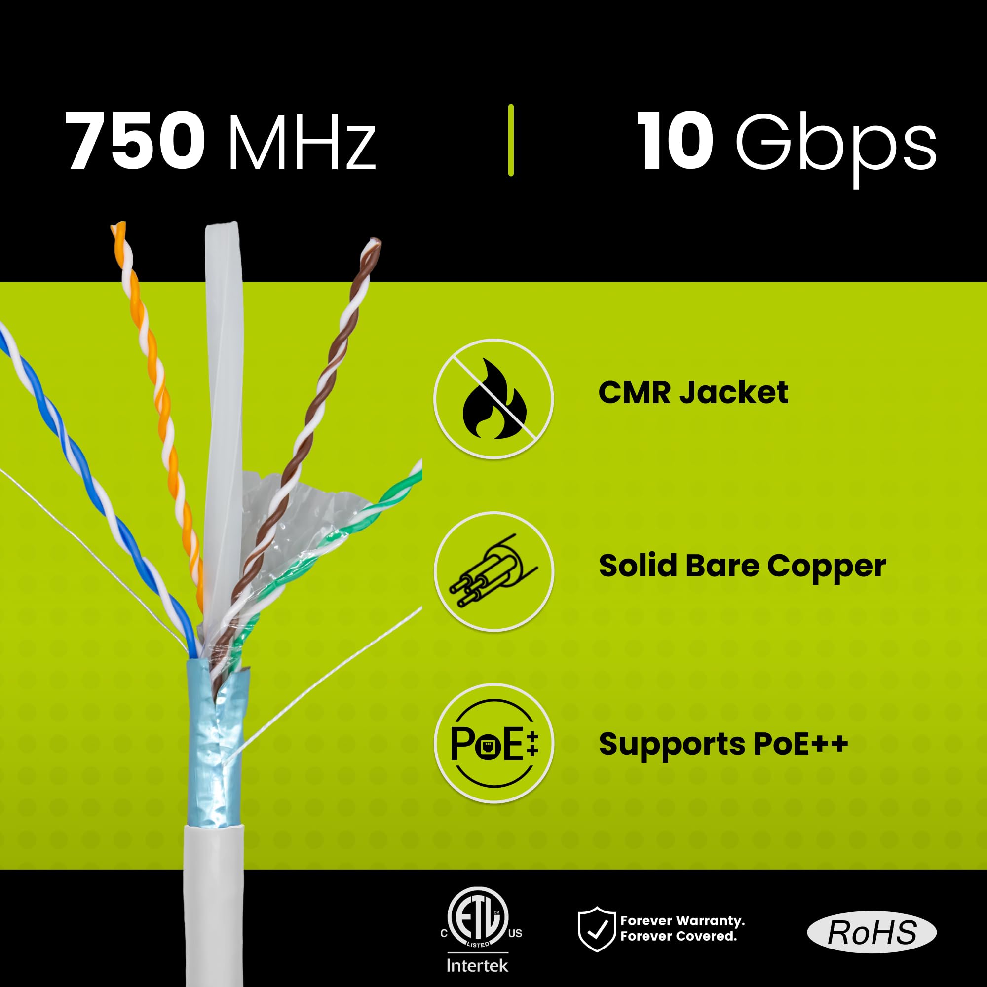 Truecable Cat6A Shielded Riser (Cmr), 1000Ft, White, 23Awg Solid Bare Copper, 750Mhz, Poe++ (4Ppoe), Etl Listed, Overall Aluminum Foil Shield (F/Utp), Bulk Ethernet Cable